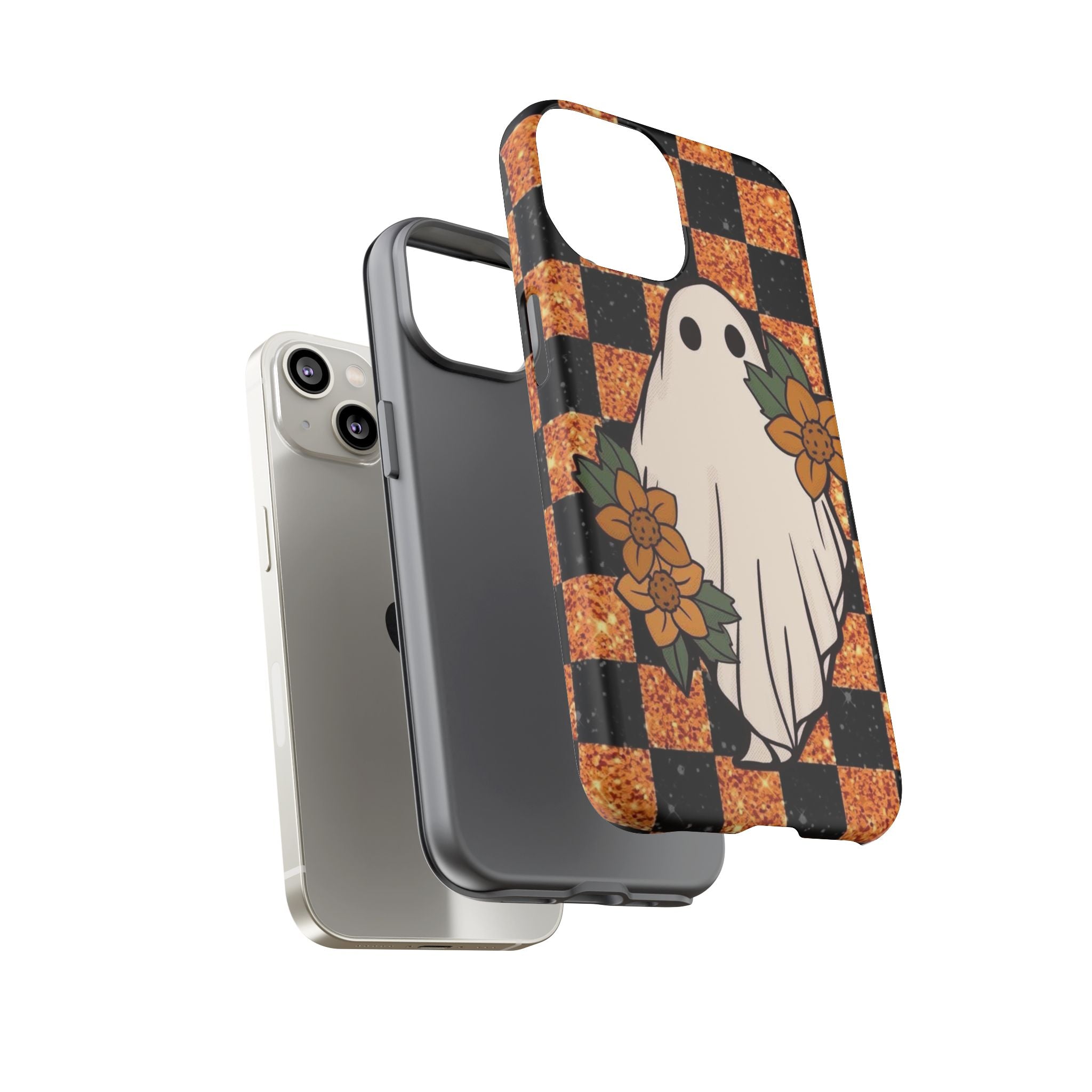 Halloween Ghost Phone Case — Checkerboard Orange Glitter Floral Design