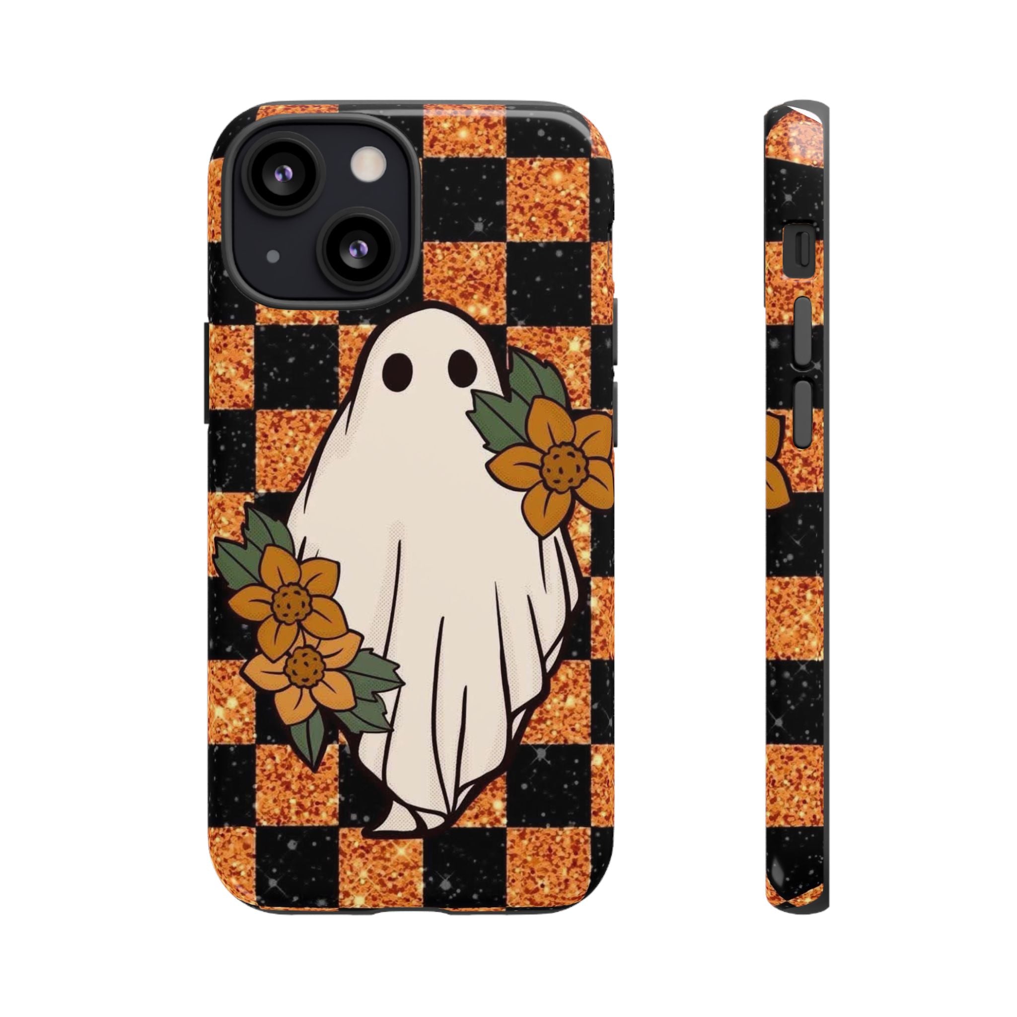 Halloween Ghost Phone Case — Checkerboard Orange Glitter Floral Design