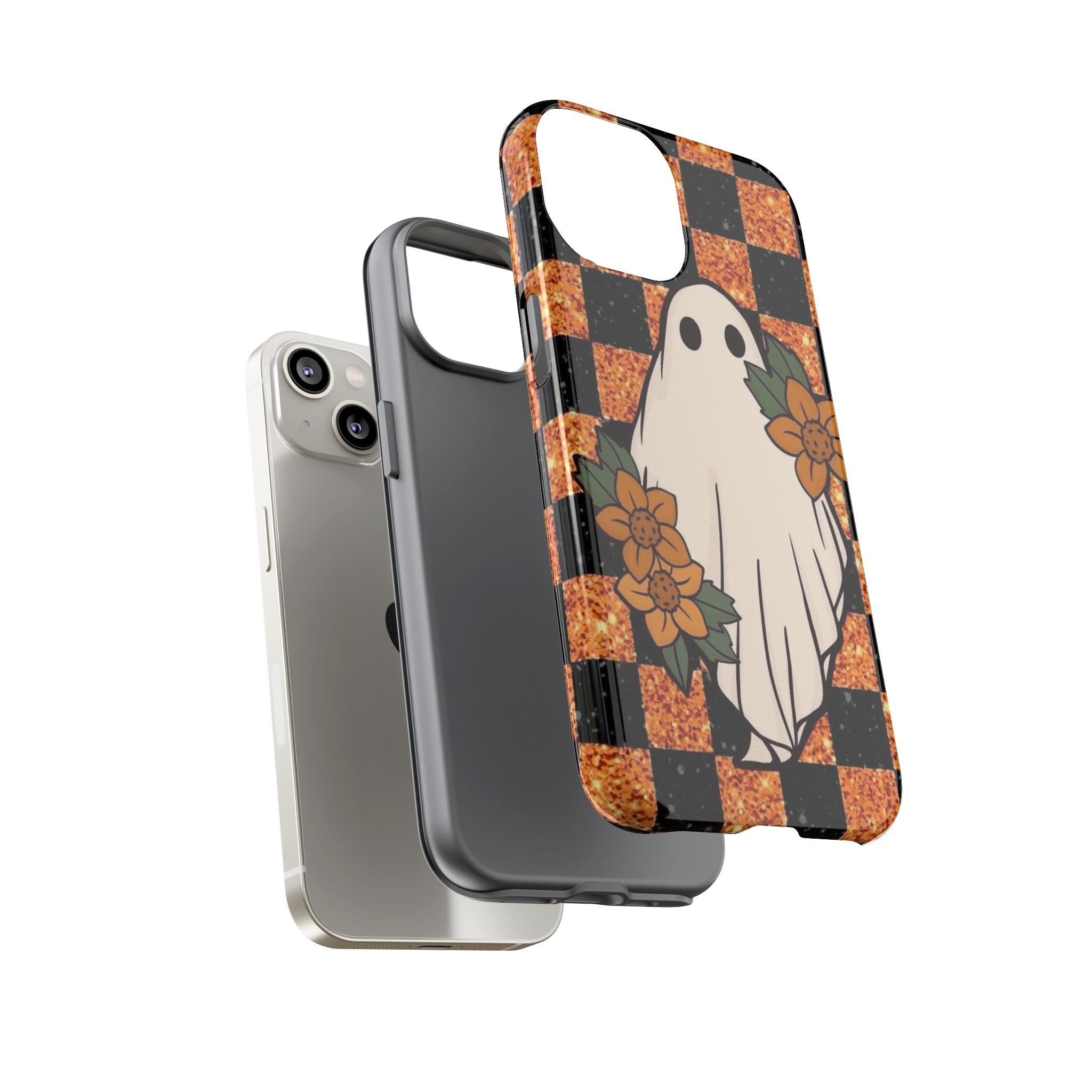 Halloween Ghost Phone Case — Checkerboard Orange Glitter Floral Design
