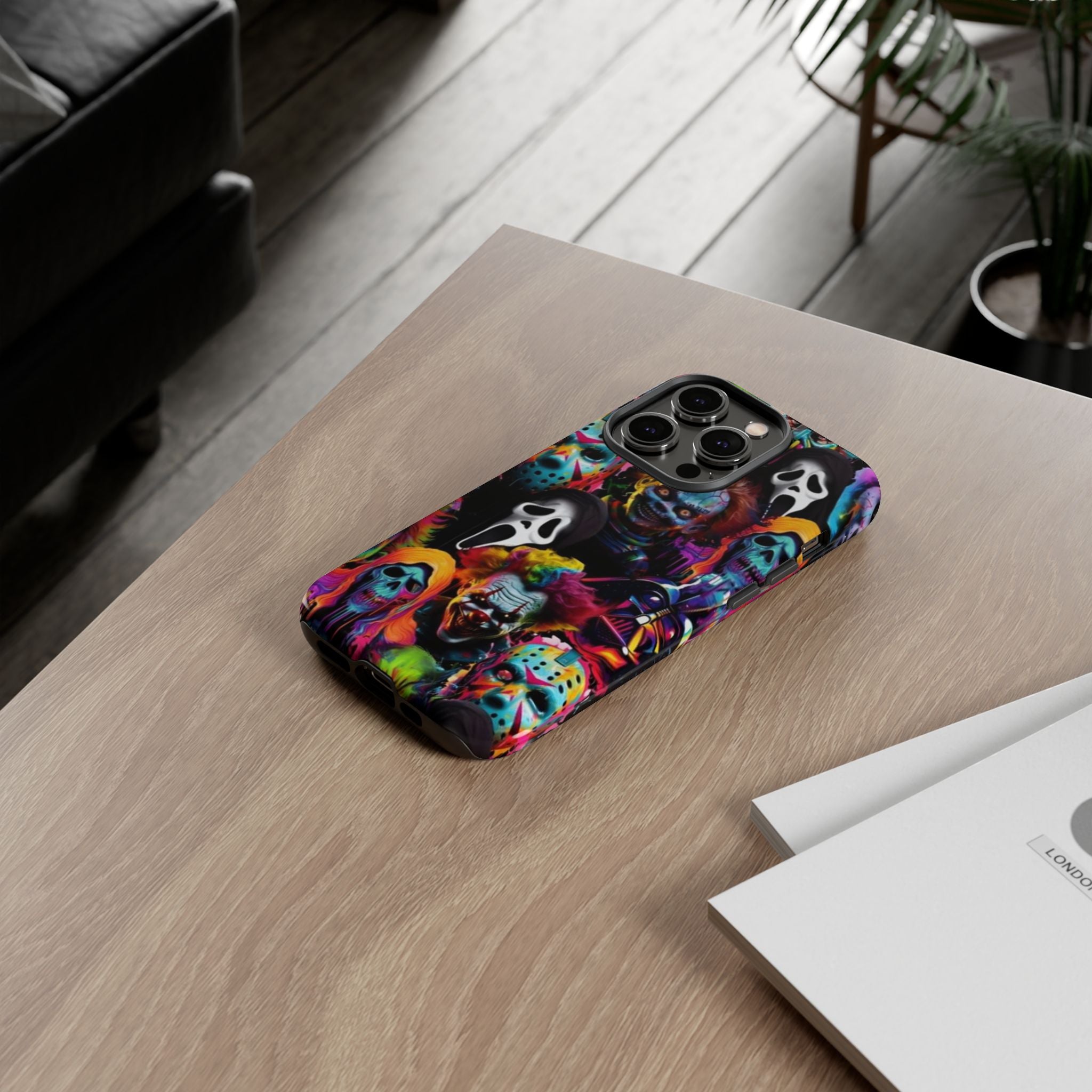 Phone Case — Neon Horror Mask Collage (Scream, Jason, Clown)
