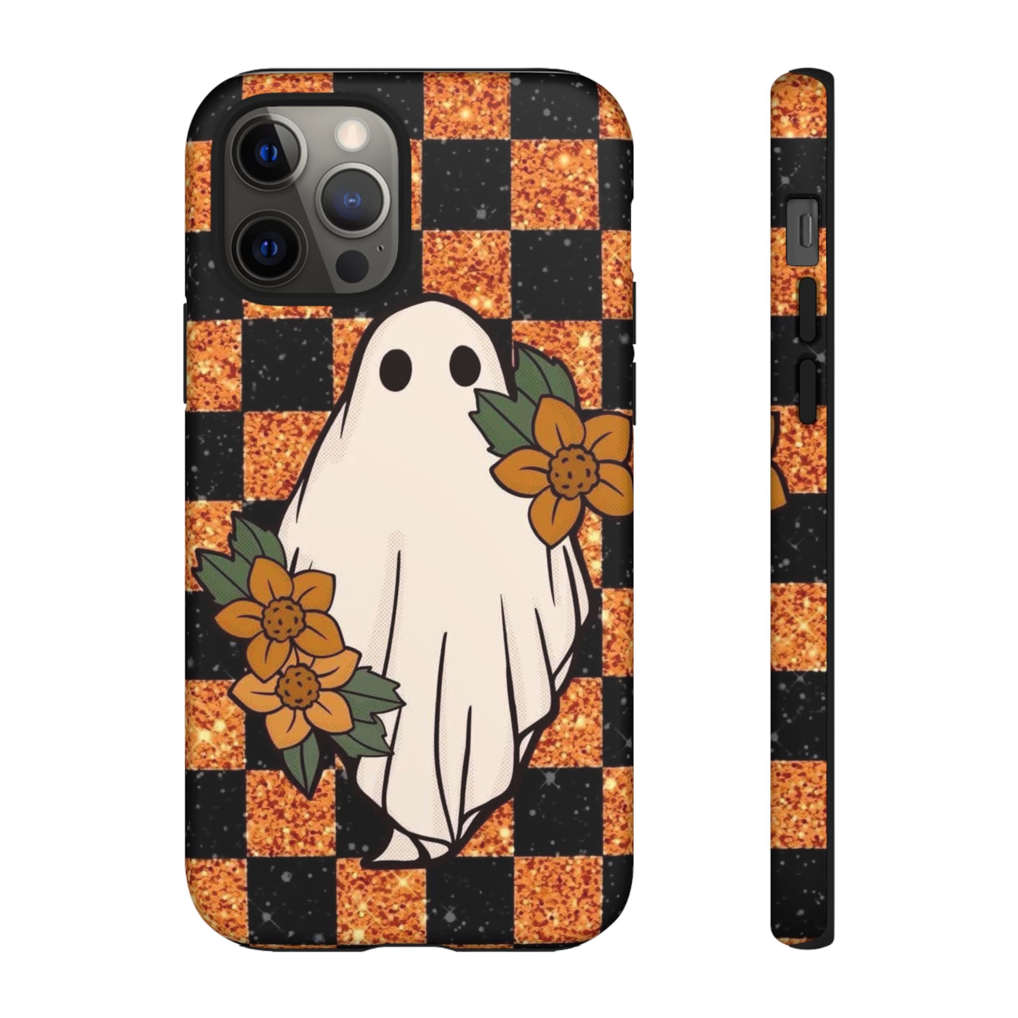 Halloween Ghost Phone Case — Checkerboard Orange Glitter Floral Design