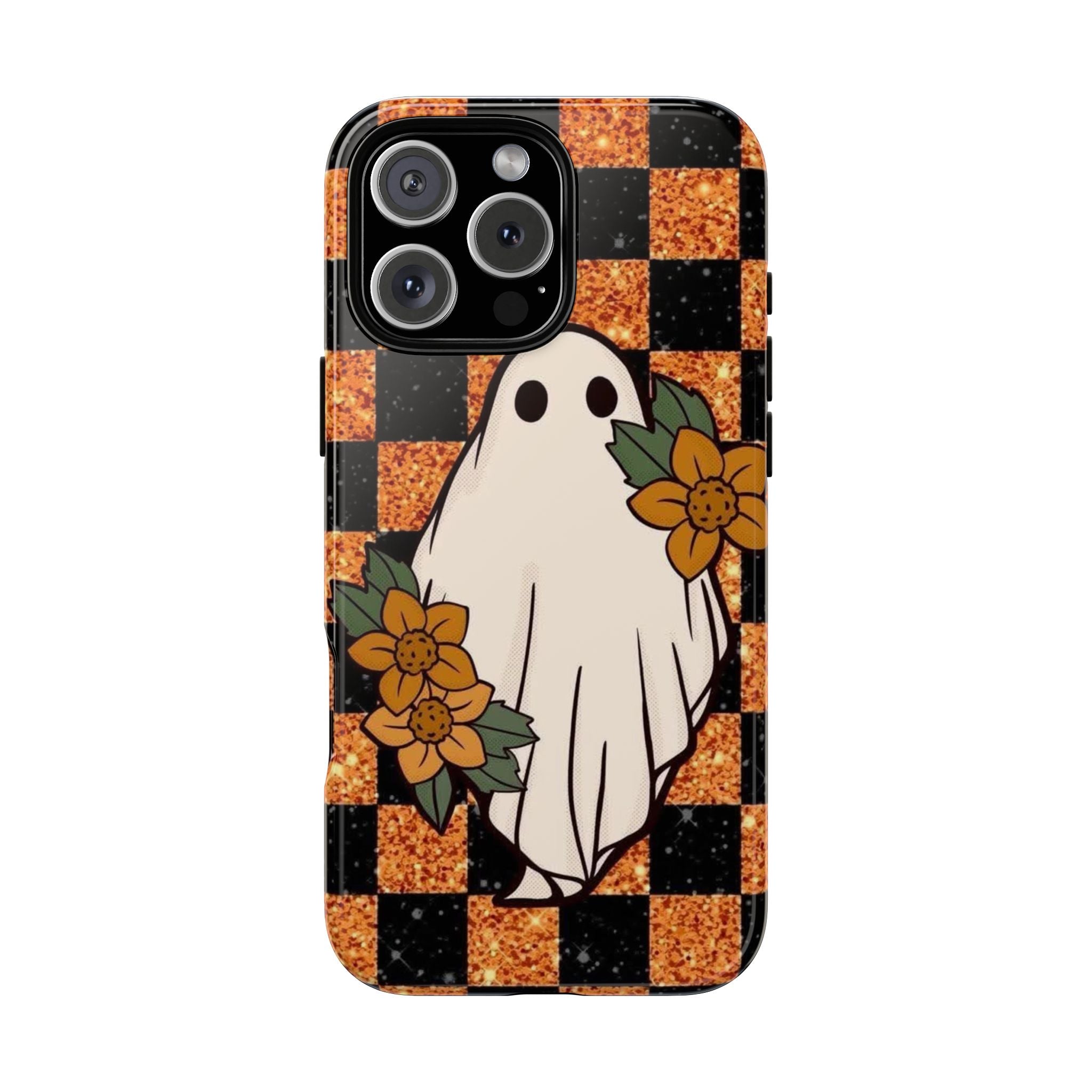 Halloween Ghost Phone Case — Checkerboard Orange Glitter Floral Design