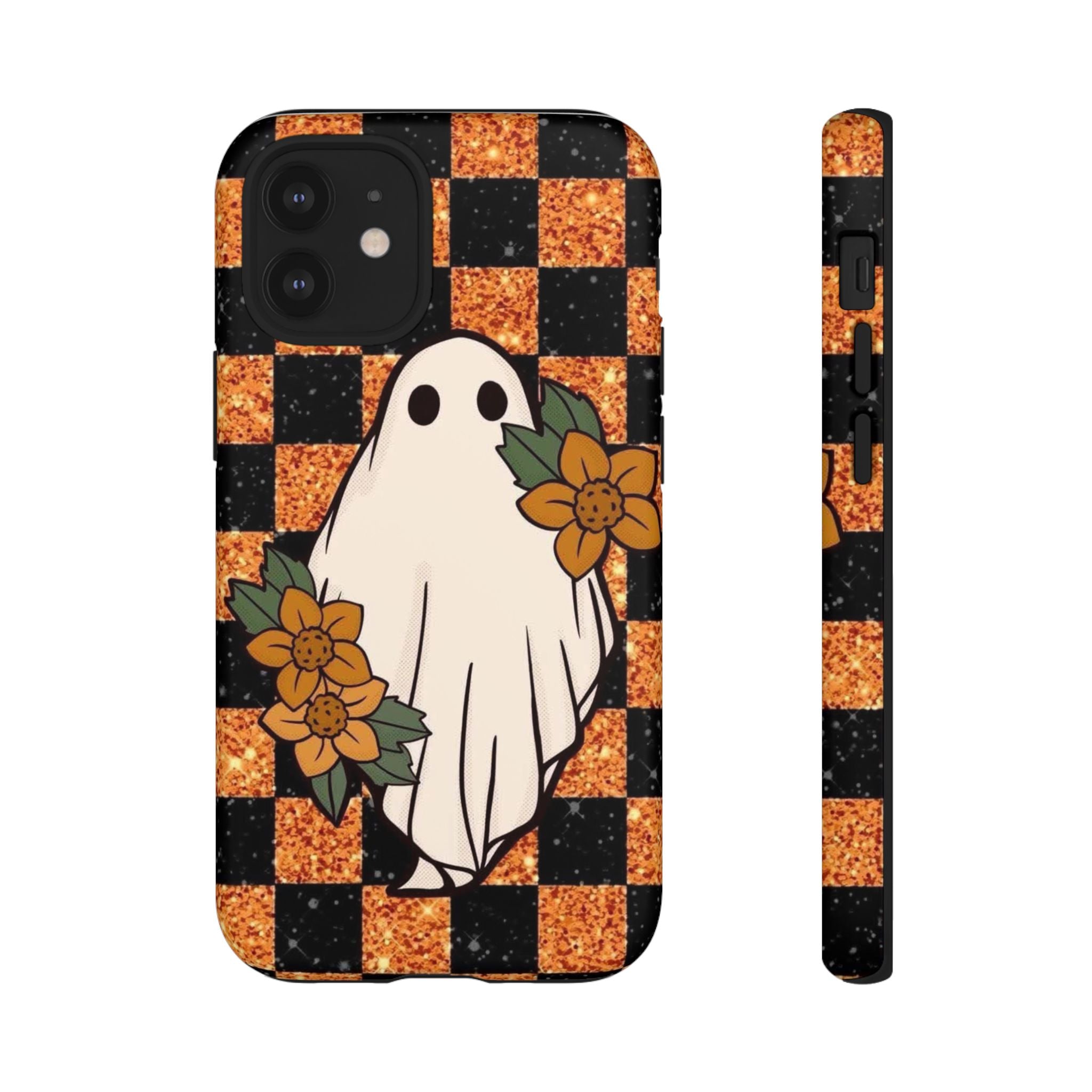 Halloween Ghost Phone Case — Checkerboard Orange Glitter Floral Design