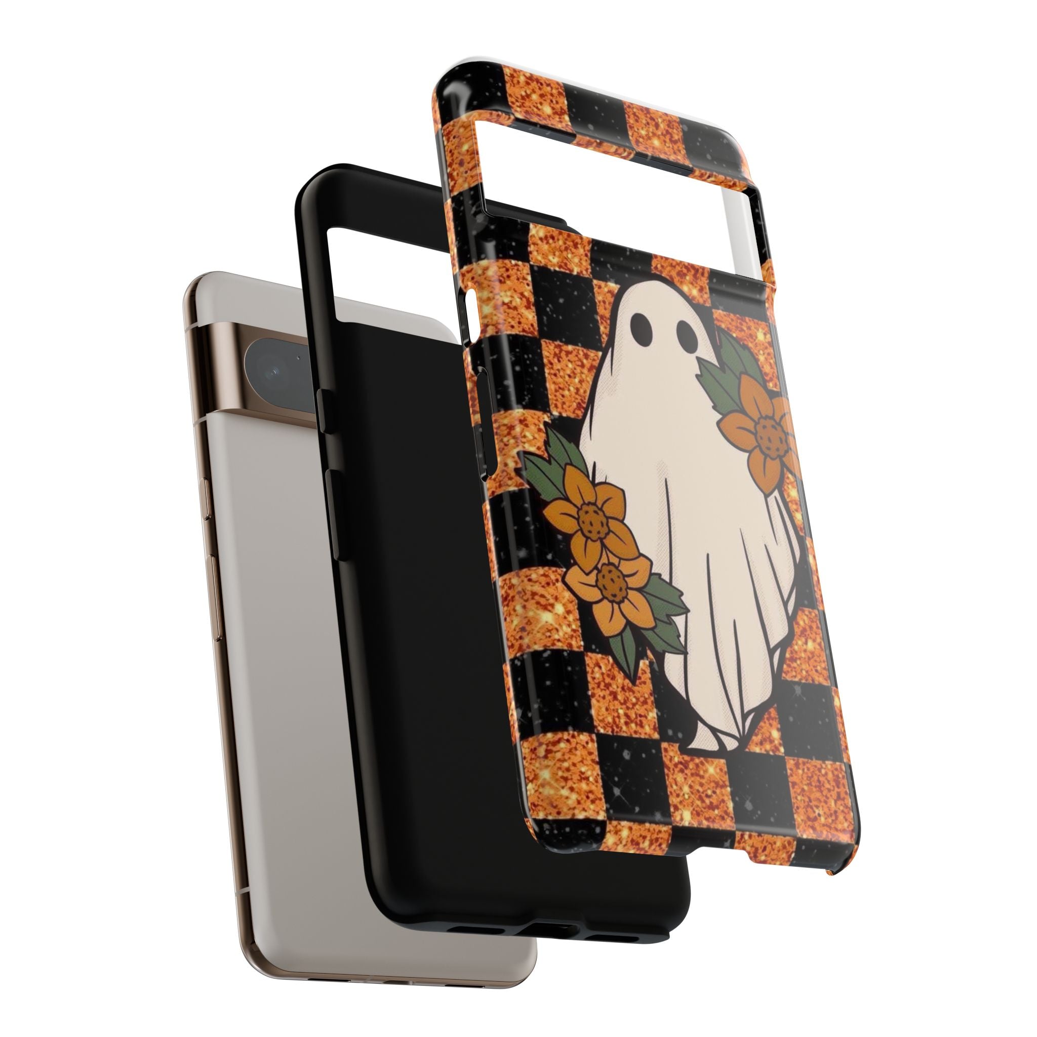 Halloween Ghost Phone Case — Checkerboard Orange Glitter Floral Design