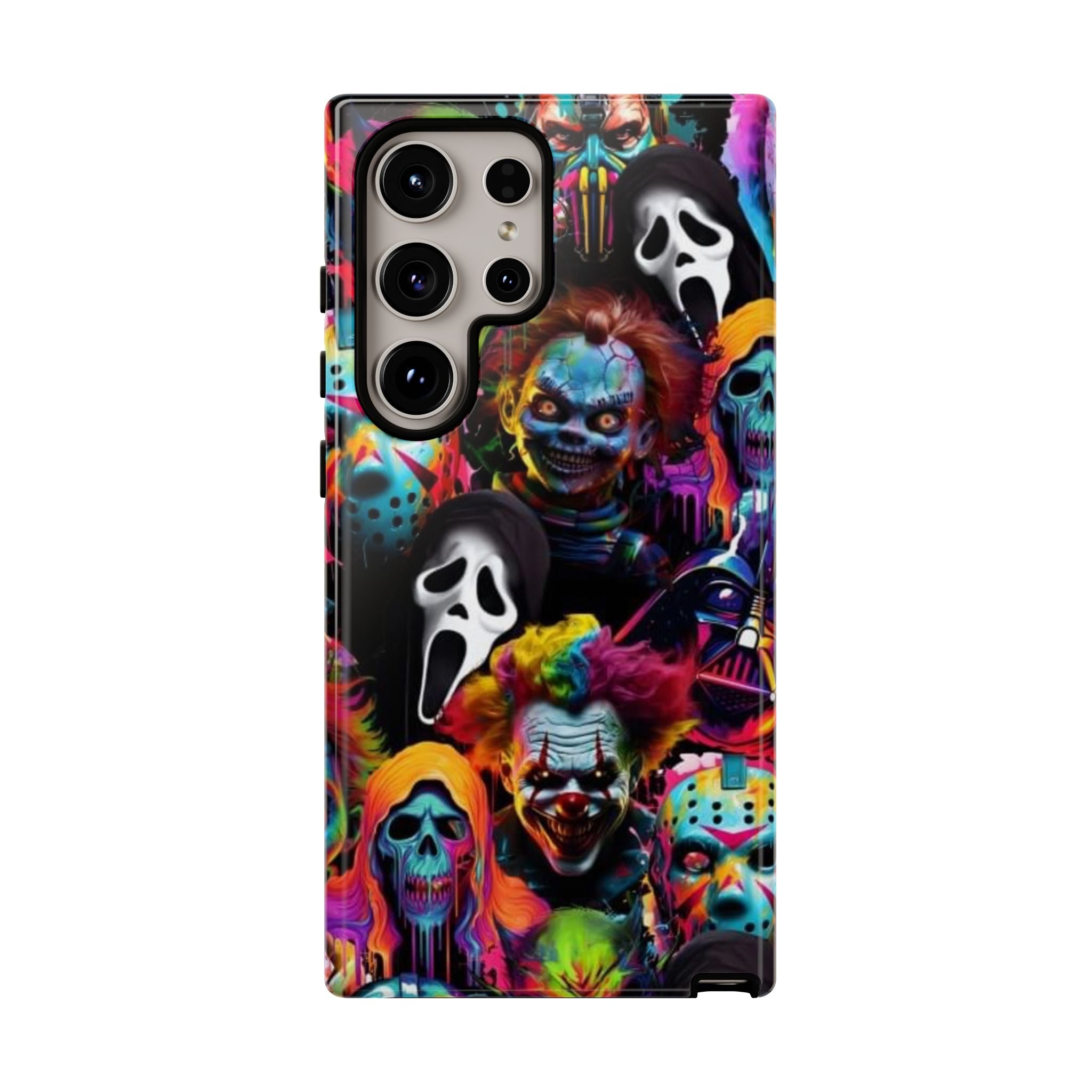 Phone Case — Neon Horror Mask Collage (Scream, Jason, Clown)