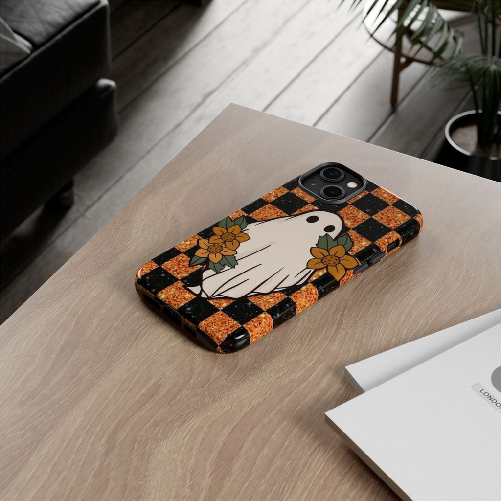 Halloween Ghost Phone Case — Checkerboard Orange Glitter Floral Design