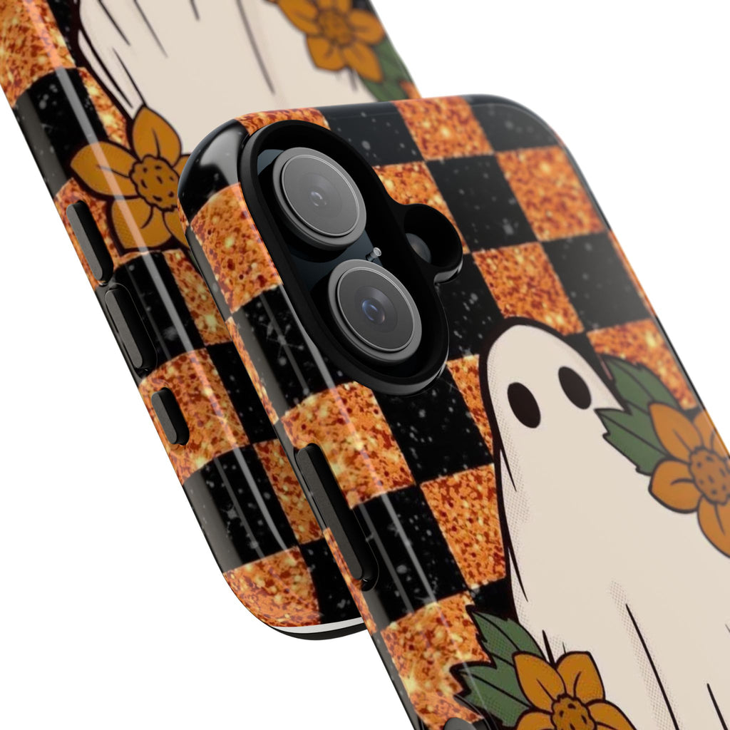 Halloween Ghost Phone Case — Checkerboard Orange Glitter Floral Design