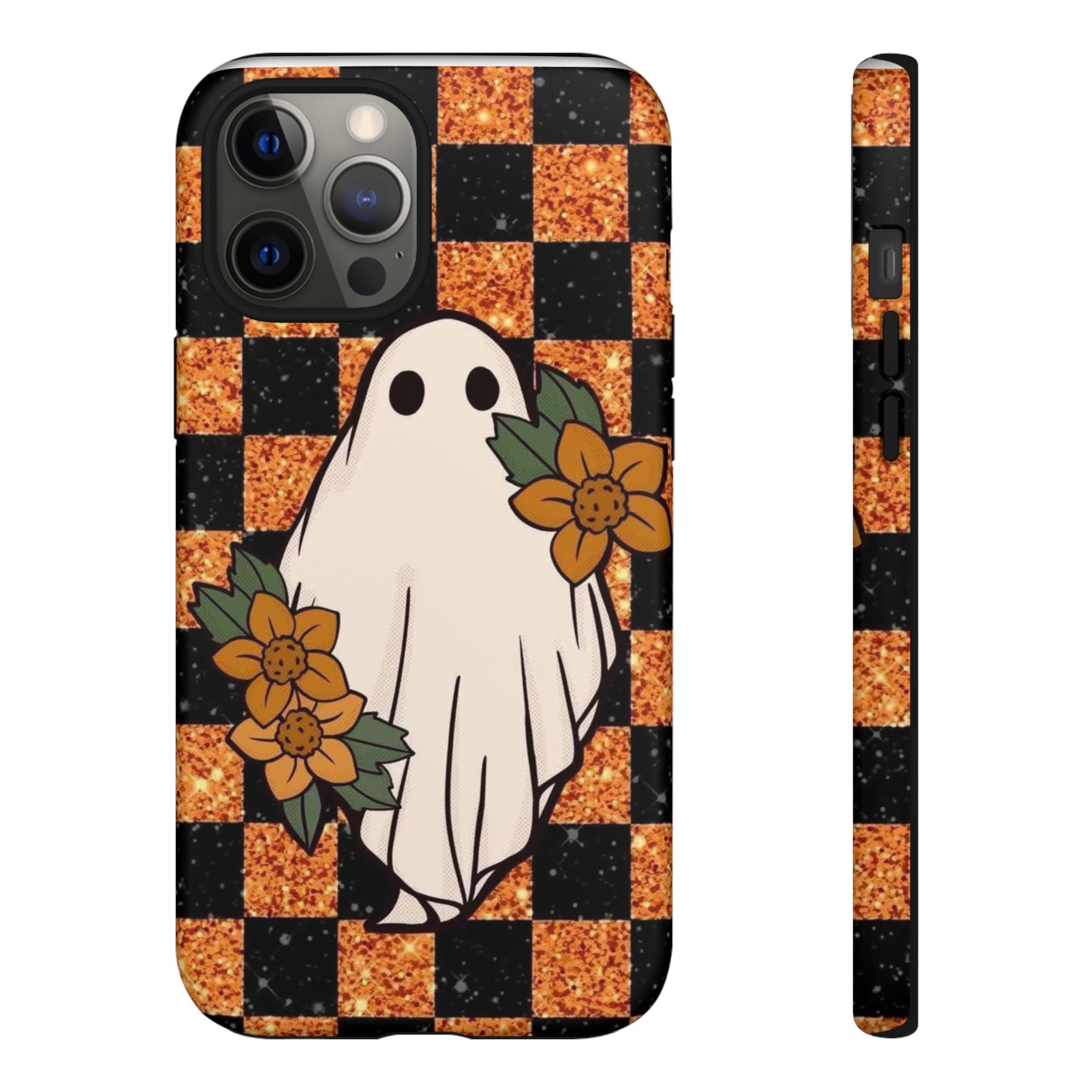 Halloween Ghost Phone Case — Checkerboard Orange Glitter Floral Design