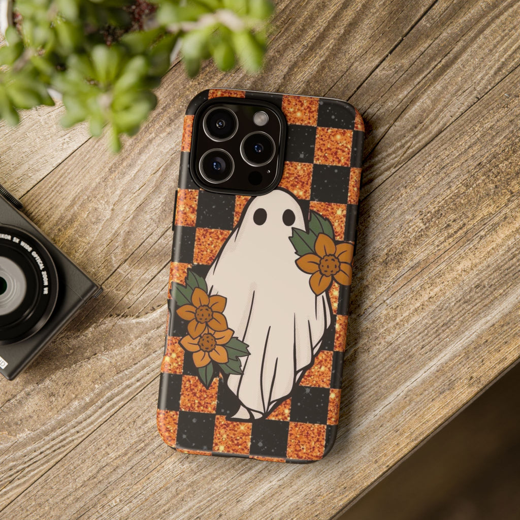 Halloween Ghost Phone Case — Checkerboard Orange Glitter Floral Design