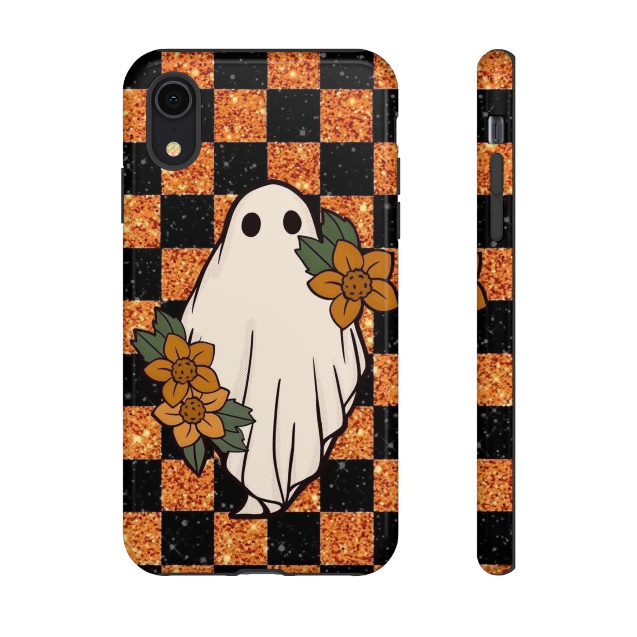 Halloween Ghost Phone Case — Checkerboard Orange Glitter Floral Design