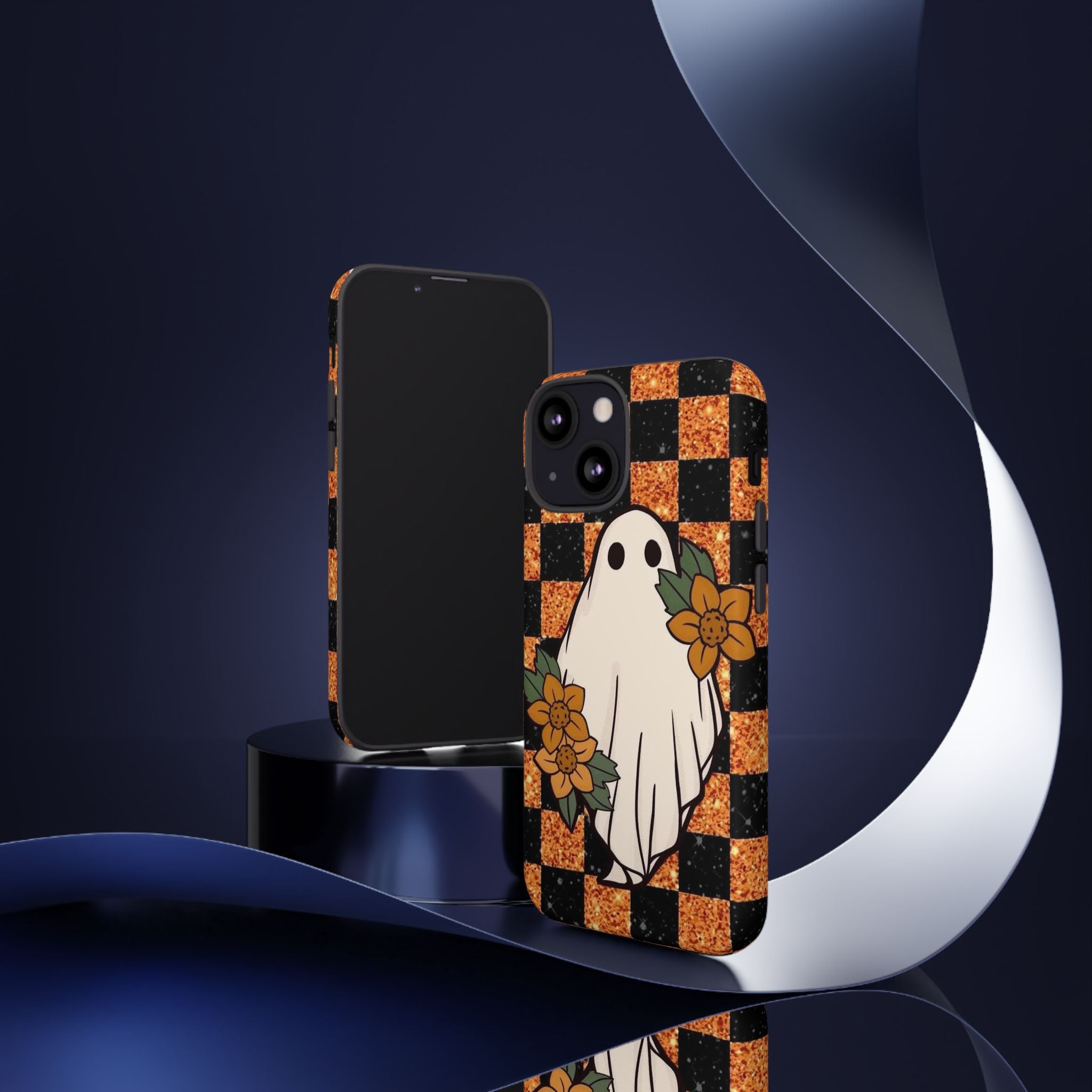 Halloween Ghost Phone Case — Checkerboard Orange Glitter Floral Design