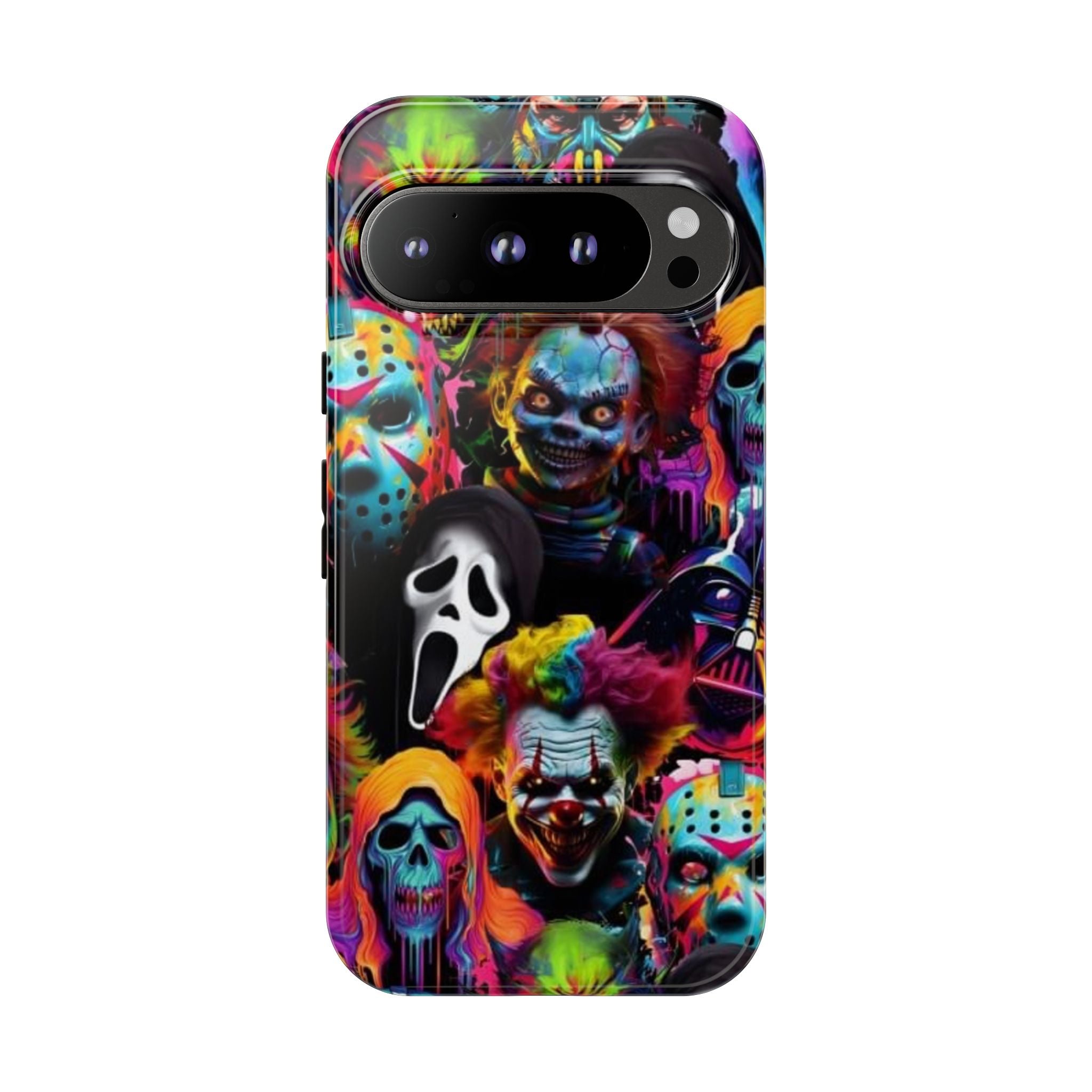 Phone Case — Neon Horror Mask Collage (Scream, Jason, Clown)