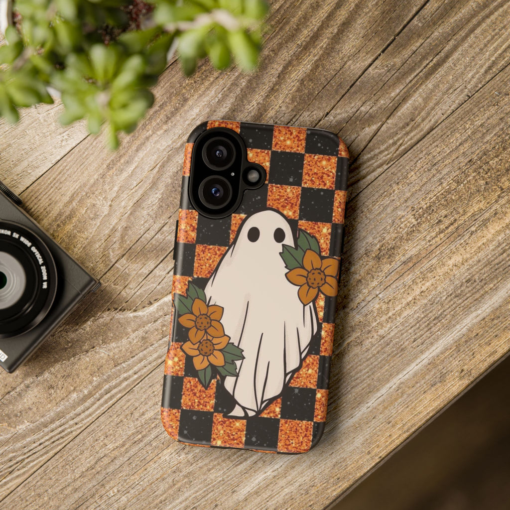 Halloween Ghost Phone Case — Checkerboard Orange Glitter Floral Design