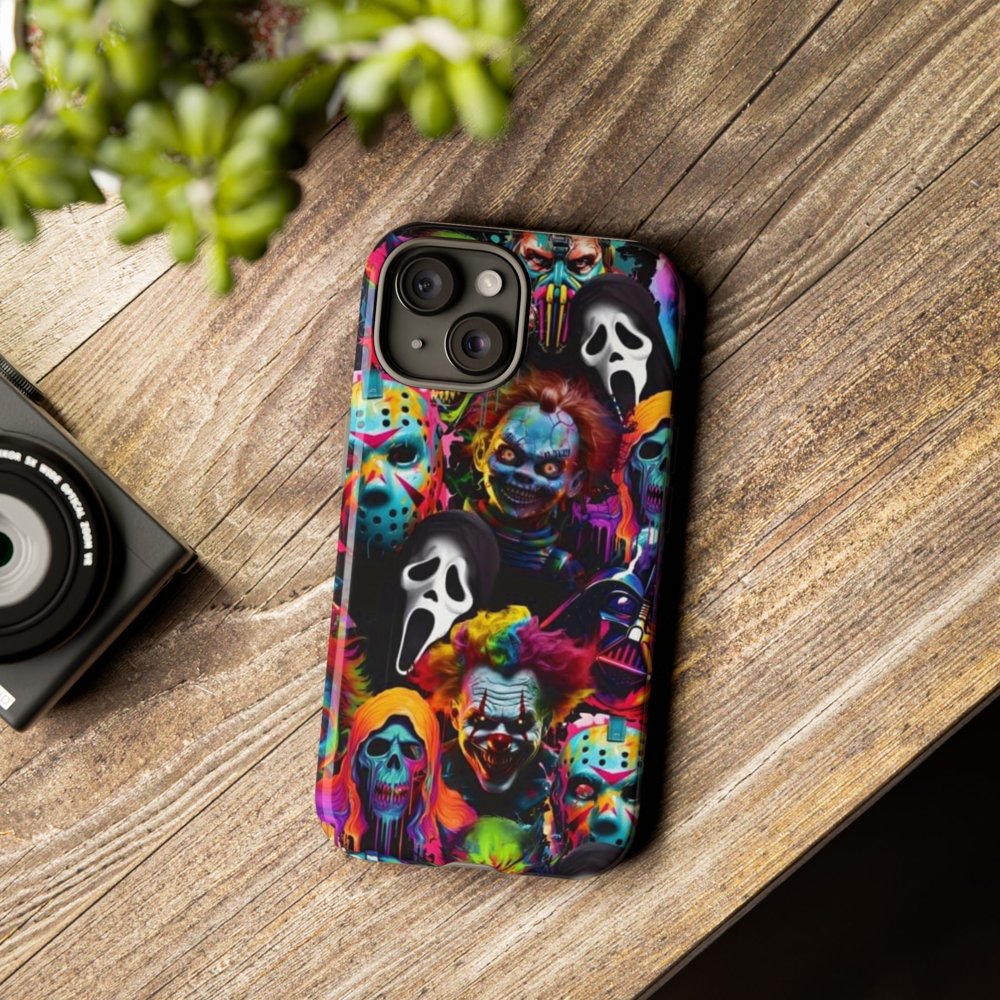 Phone Case — Neon Horror Mask Collage (Scream, Jason, Clown)