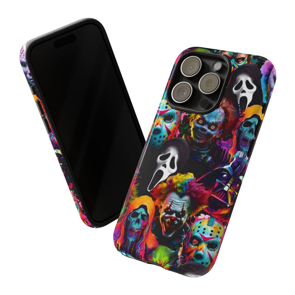 Phone Case — Neon Horror Mask Collage (Scream, Jason, Clown)