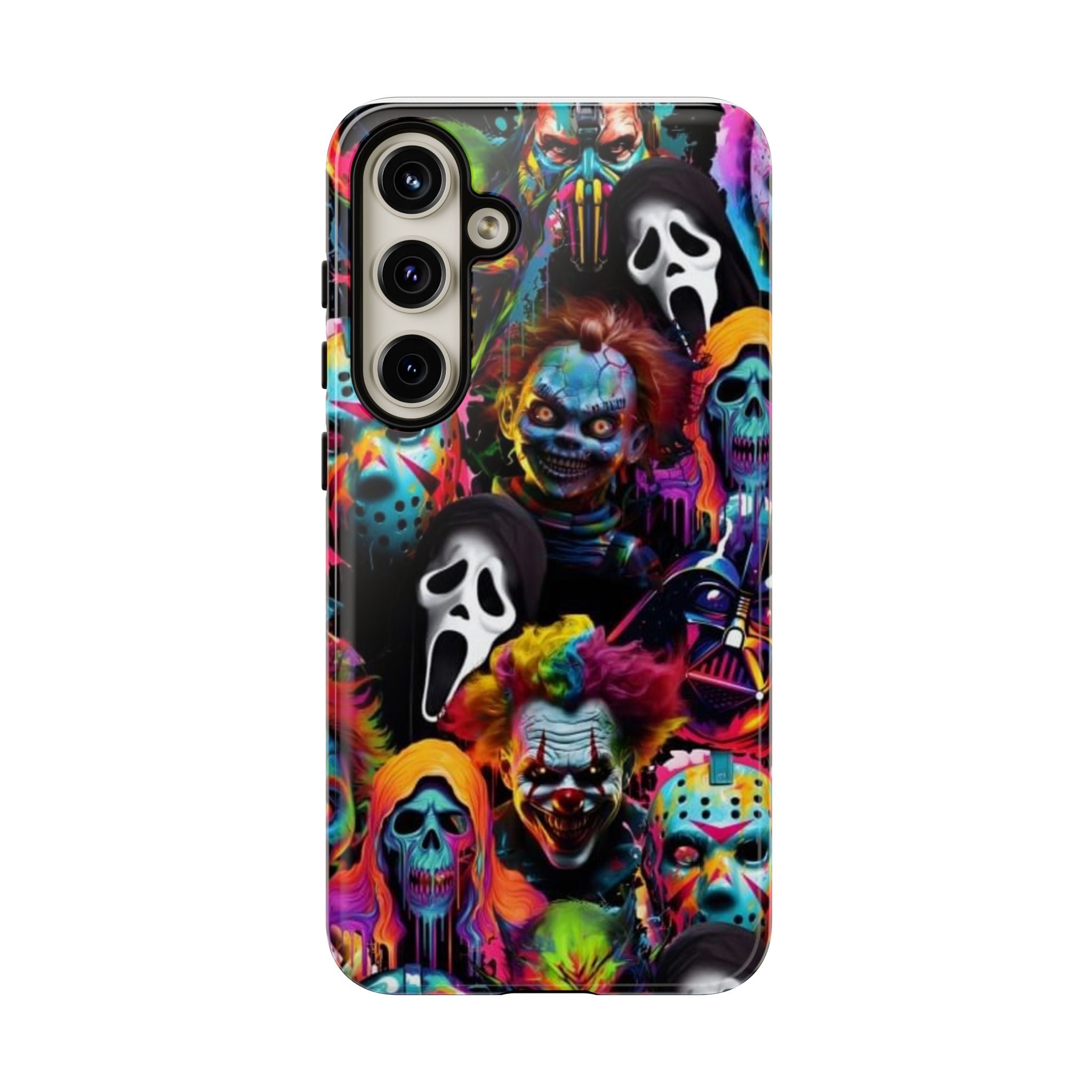 Phone Case — Neon Horror Mask Collage (Scream, Jason, Clown)
