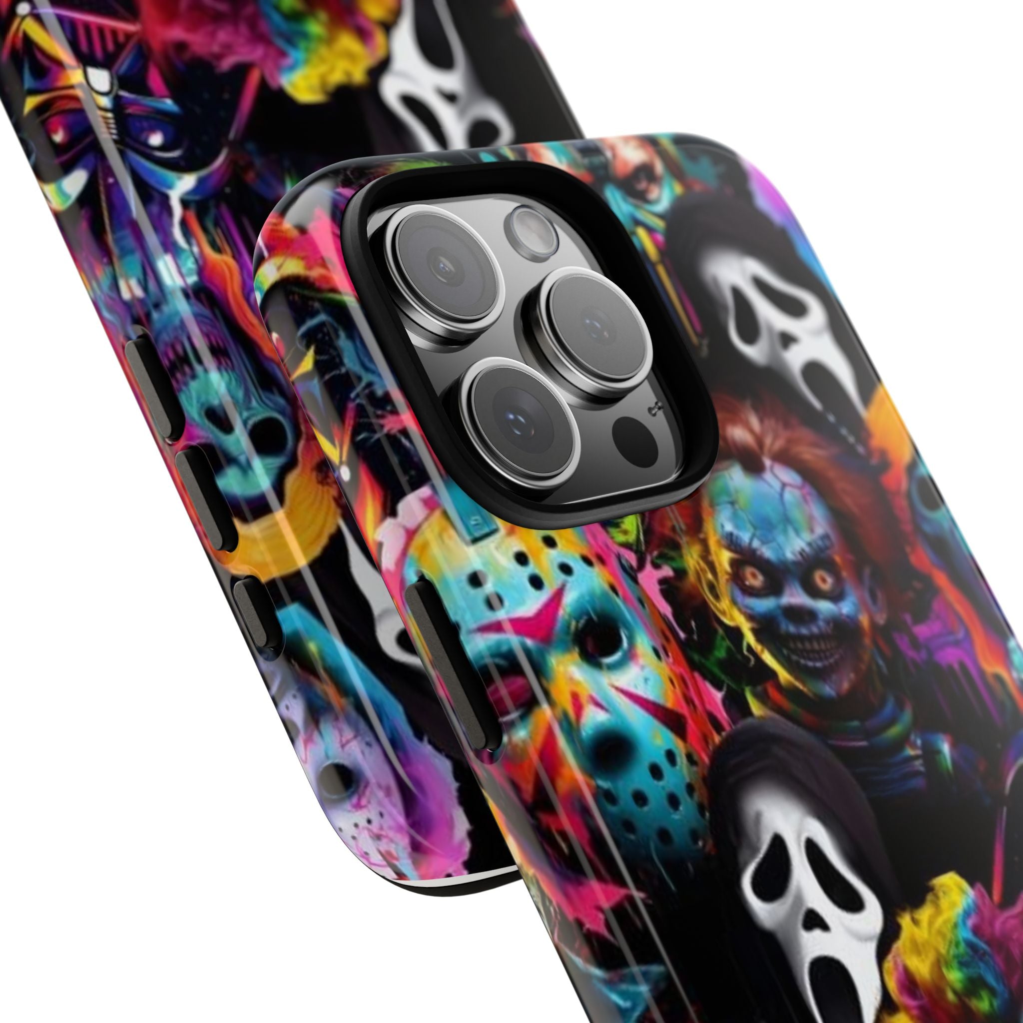 Phone Case — Neon Horror Mask Collage (Scream, Jason, Clown)