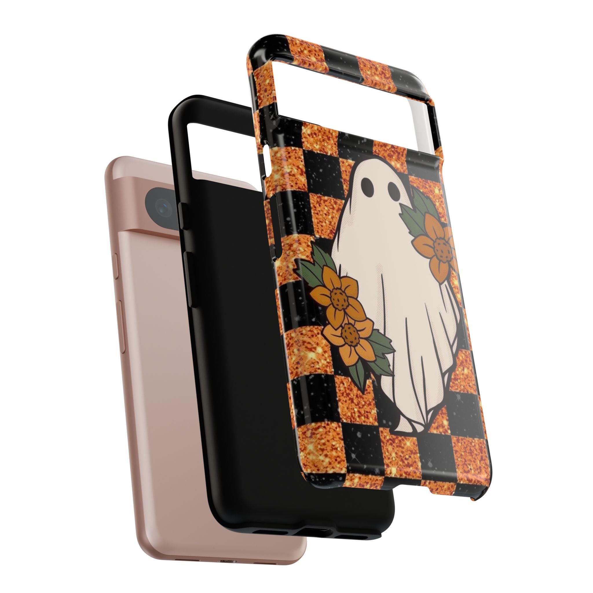 Halloween Ghost Phone Case — Checkerboard Orange Glitter Floral Design