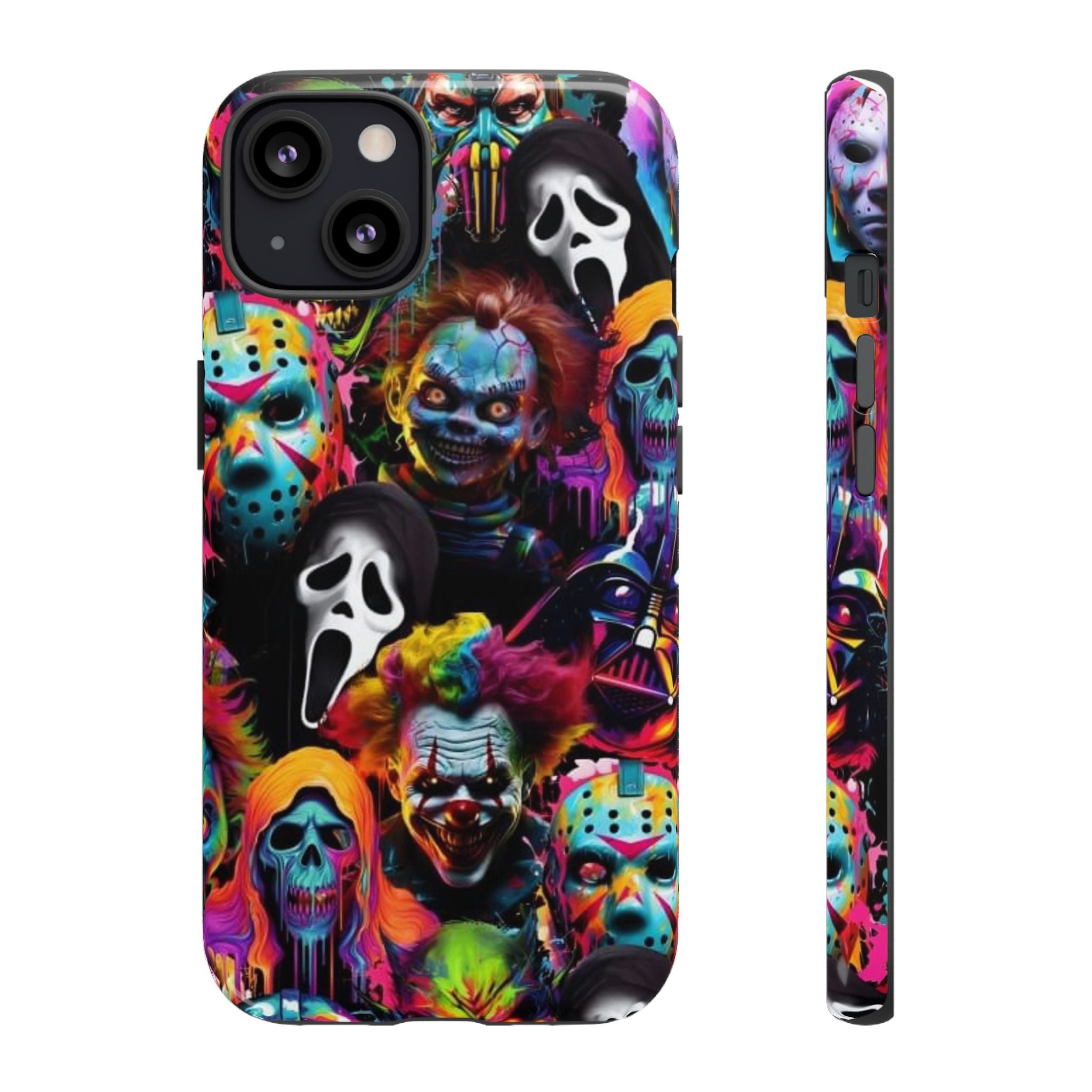 Phone Case — Neon Horror Mask Collage (Scream, Jason, Clown)
