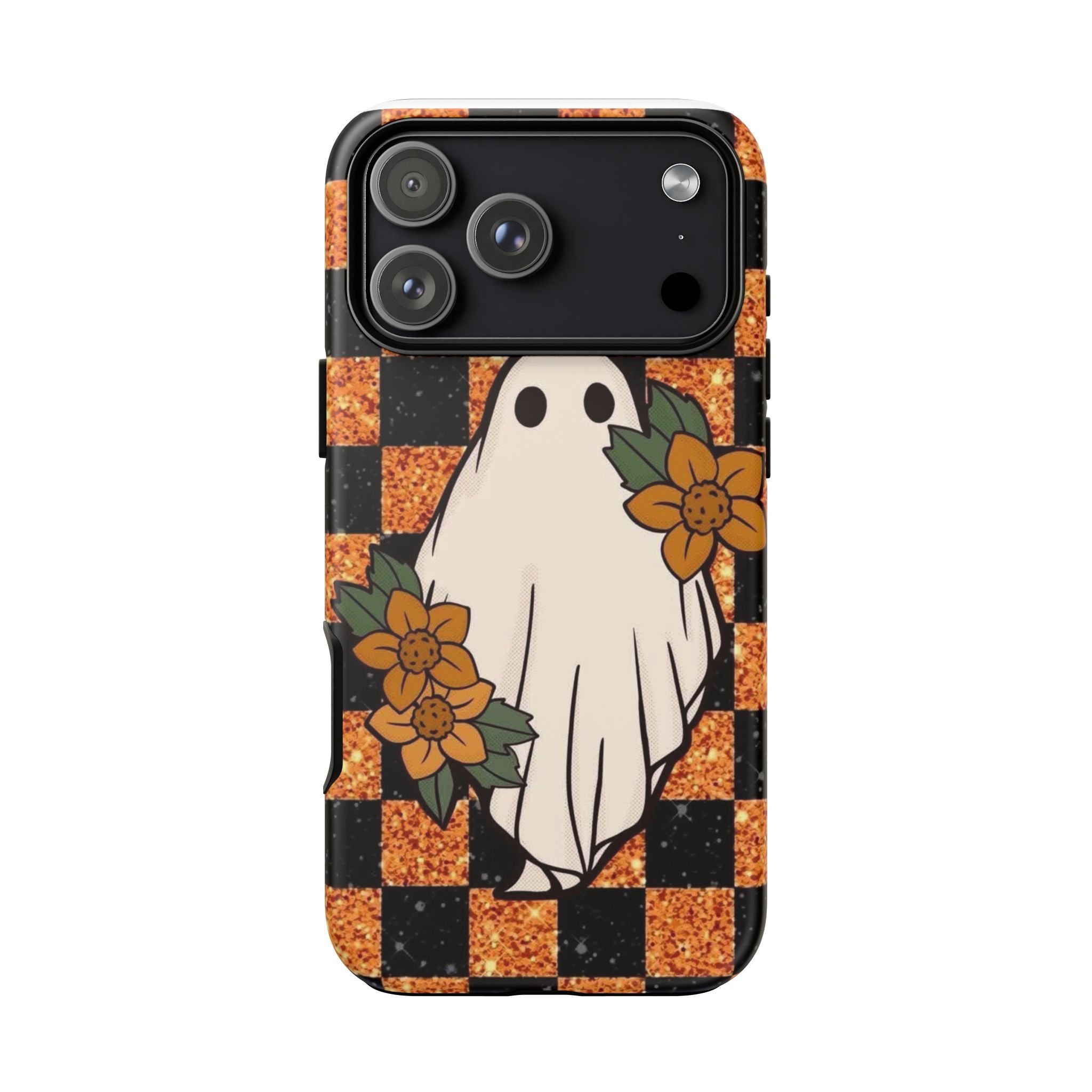 Halloween Ghost Phone Case — Checkerboard Orange Glitter Floral Design