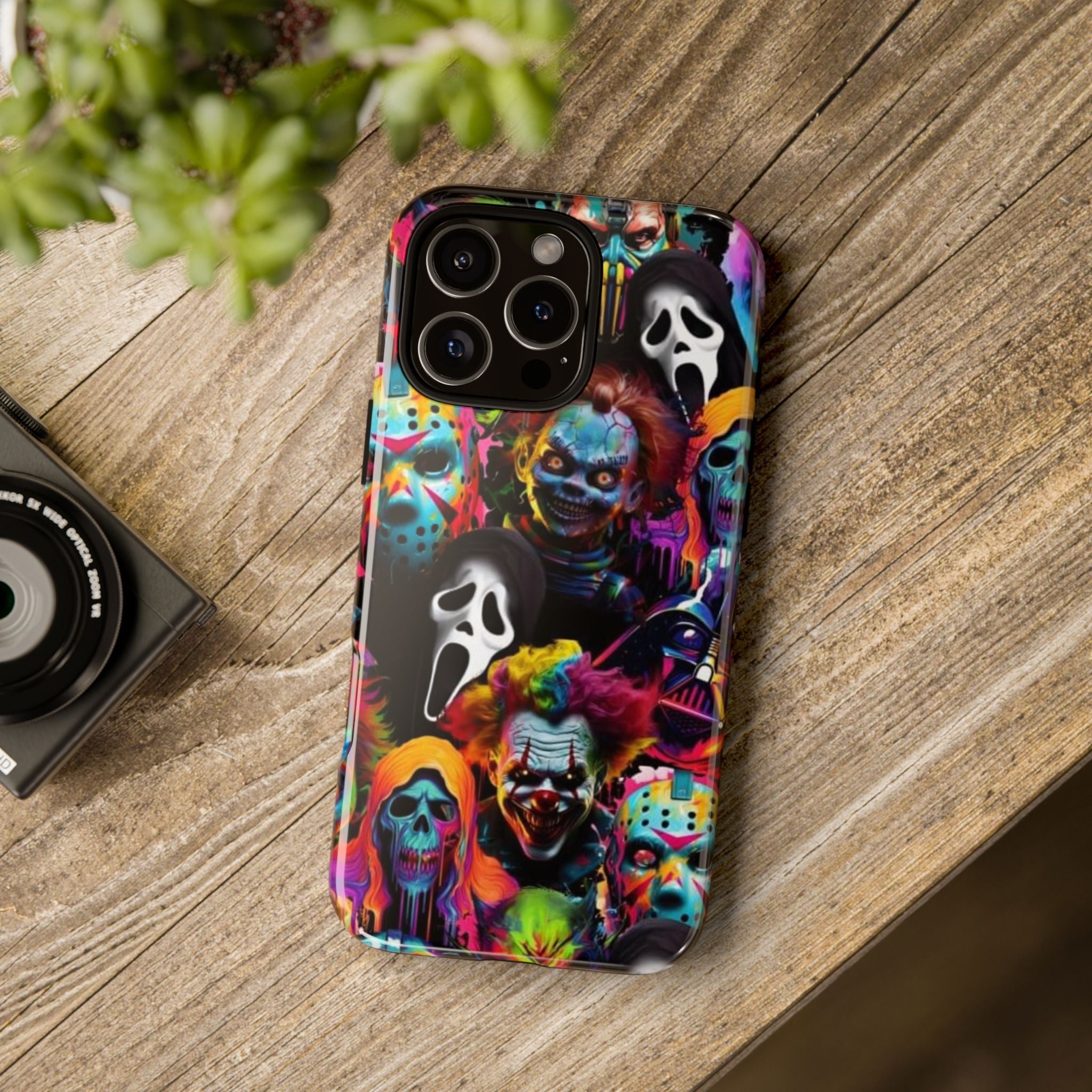 Phone Case — Neon Horror Mask Collage (Scream, Jason, Clown)