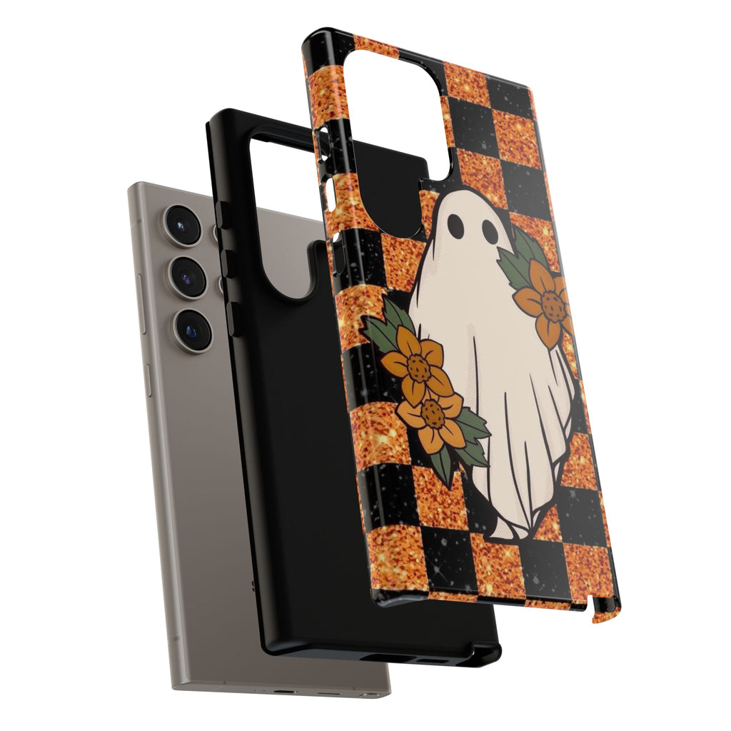 Halloween Ghost Phone Case — Checkerboard Orange Glitter Floral Design