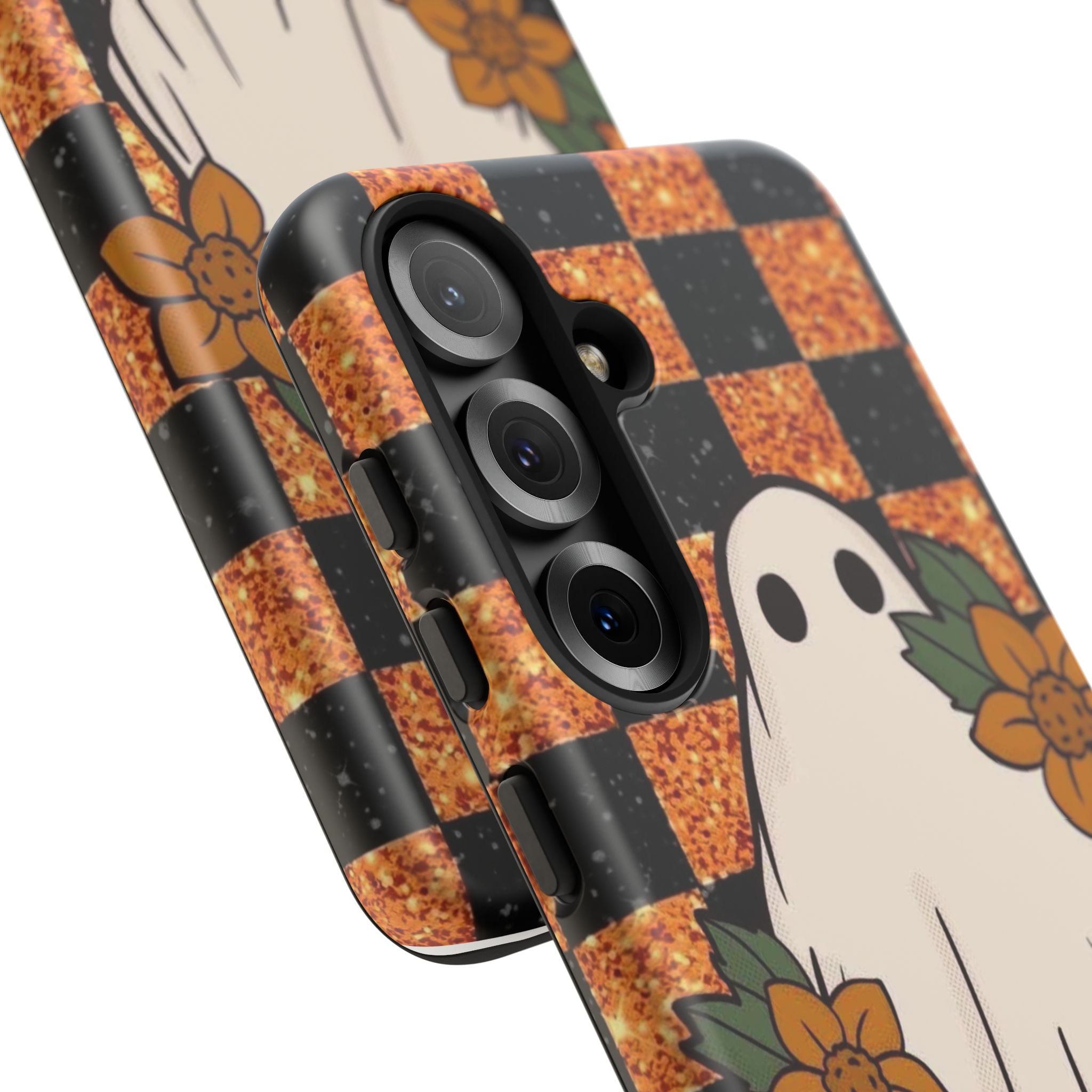 Halloween Ghost Phone Case — Checkerboard Orange Glitter Floral Design