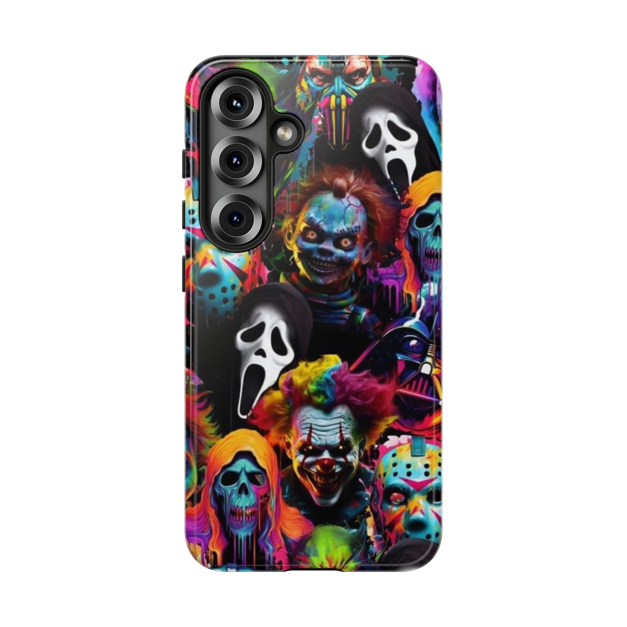 Phone Case — Neon Horror Mask Collage (Scream, Jason, Clown)