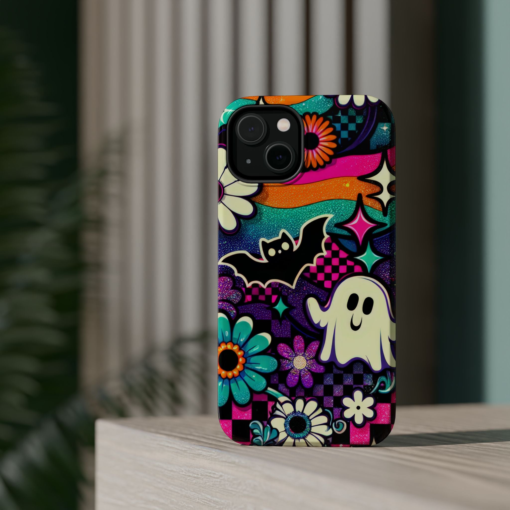 Halloween Retro Ghost & Bat Phone Case — Magnetic Impact-Resistant