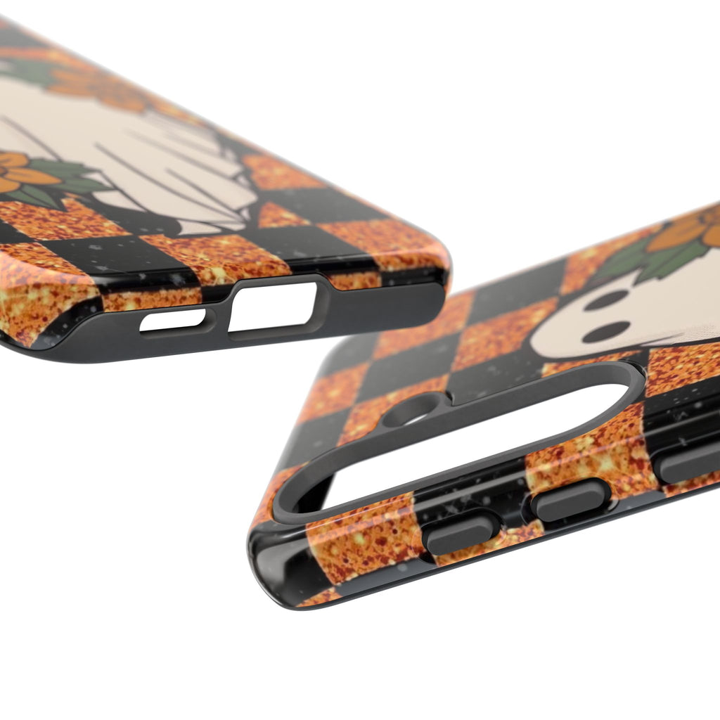 Halloween Ghost Phone Case — Checkerboard Orange Glitter Floral Design