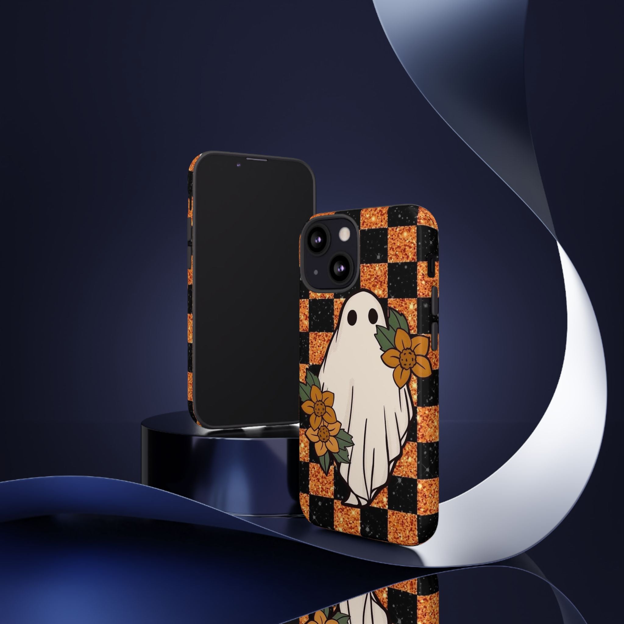 Halloween Ghost Phone Case — Checkerboard Orange Glitter Floral Design