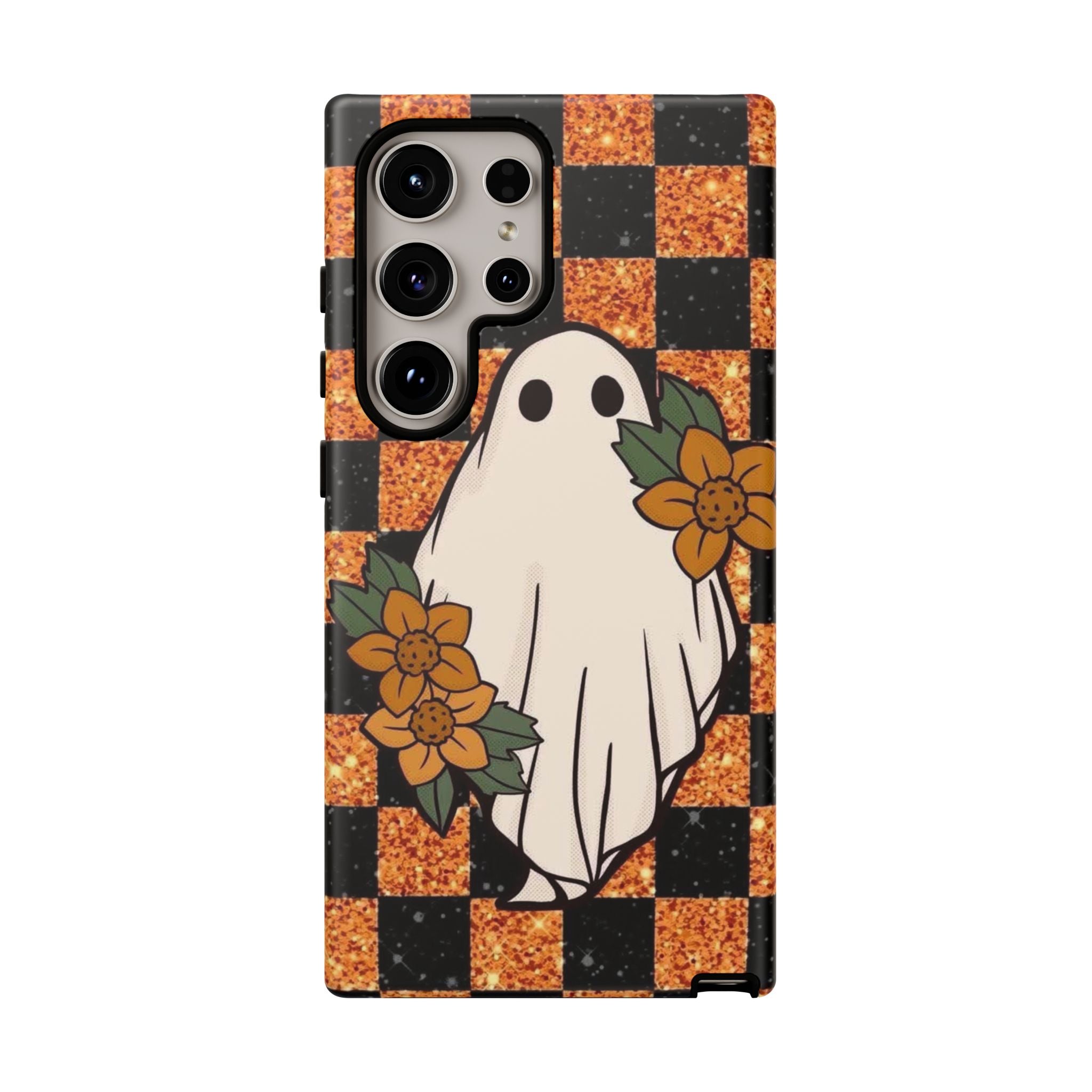 Halloween Ghost Phone Case — Checkerboard Orange Glitter Floral Design