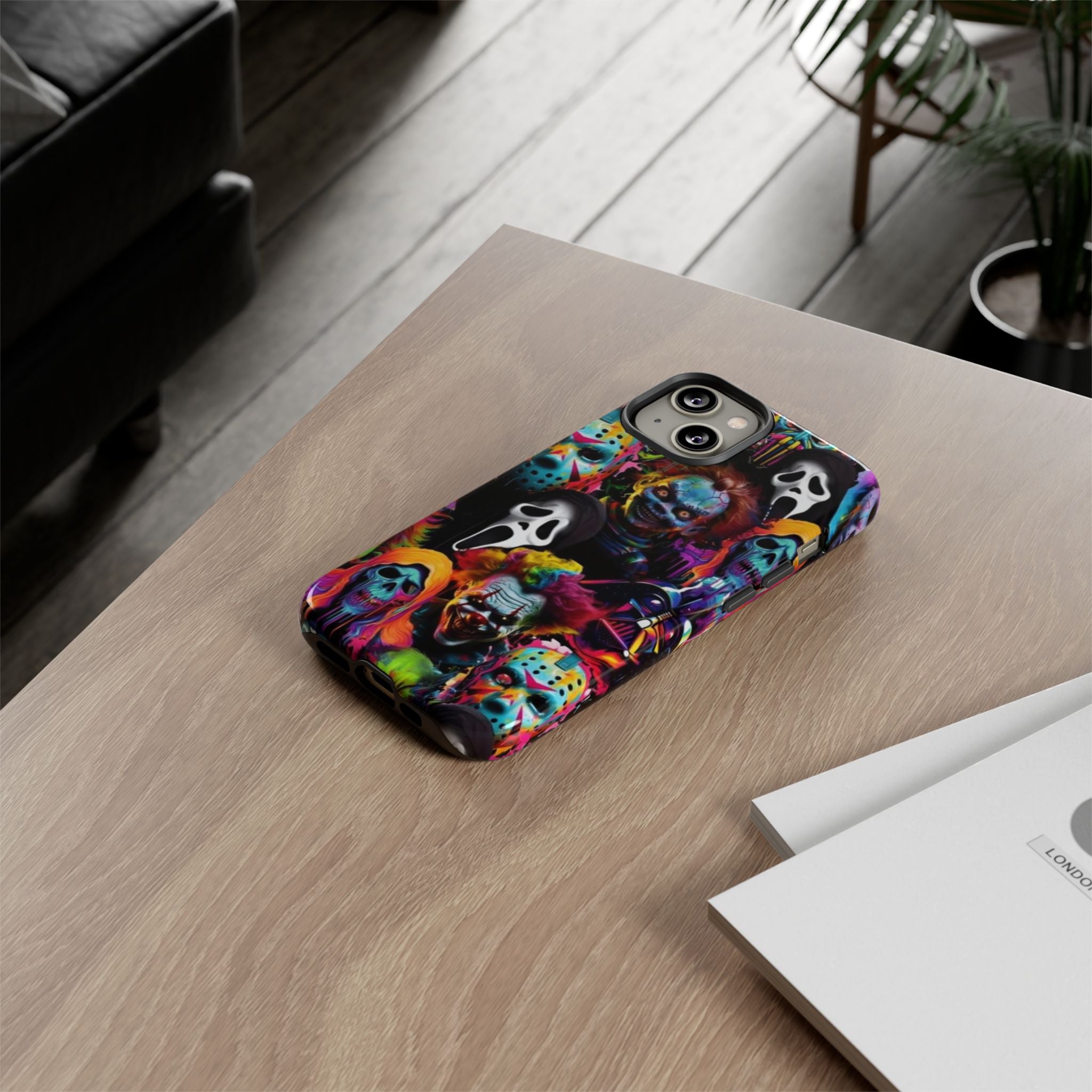 Phone Case — Neon Horror Mask Collage (Scream, Jason, Clown)