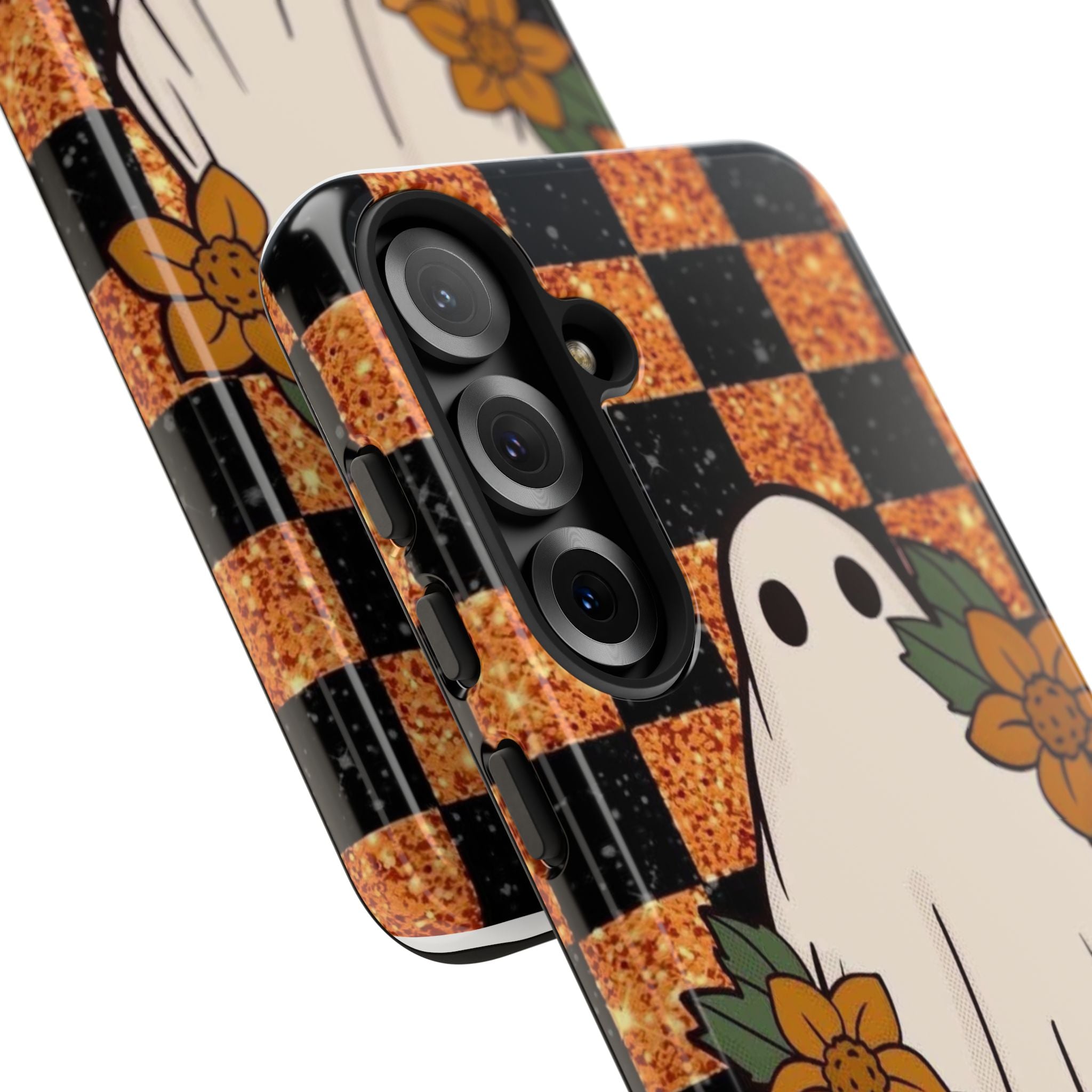 Halloween Ghost Phone Case — Checkerboard Orange Glitter Floral Design