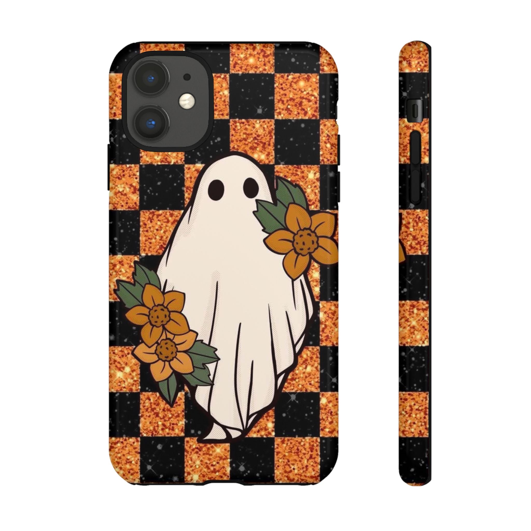 Halloween Ghost Phone Case — Checkerboard Orange Glitter Floral Design
