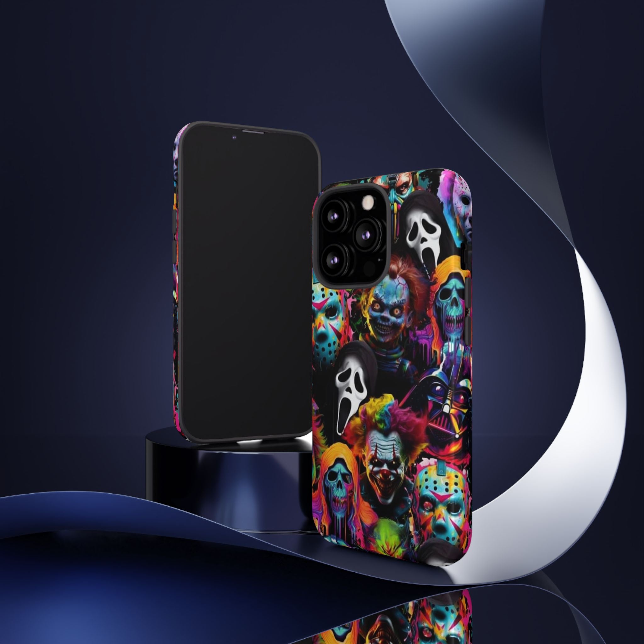 Phone Case — Neon Horror Mask Collage (Scream, Jason, Clown)