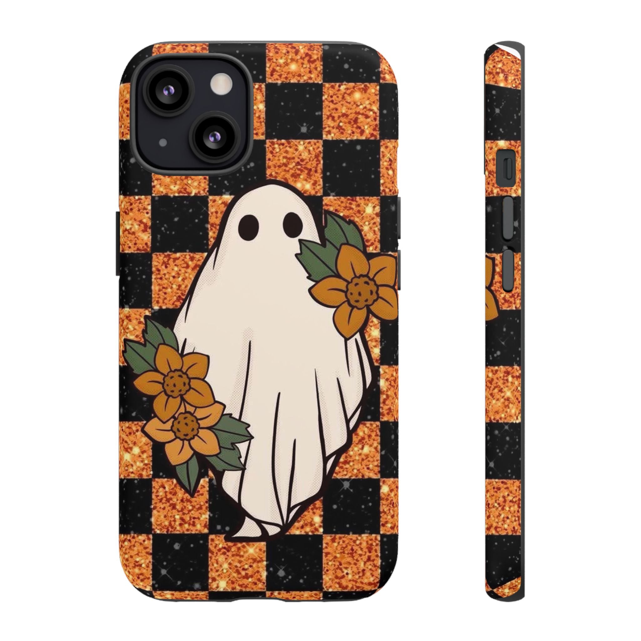 Halloween Ghost Phone Case — Checkerboard Orange Glitter Floral Design