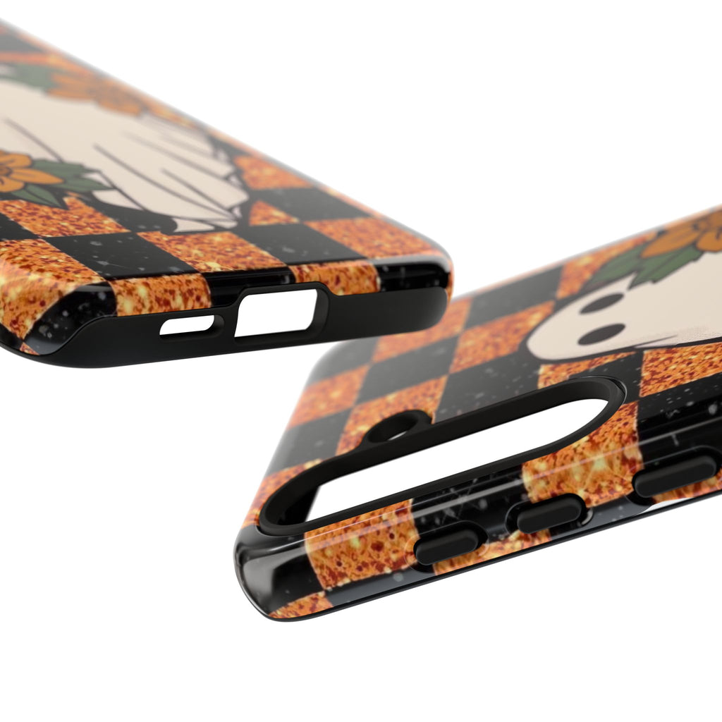 Halloween Ghost Phone Case — Checkerboard Orange Glitter Floral Design