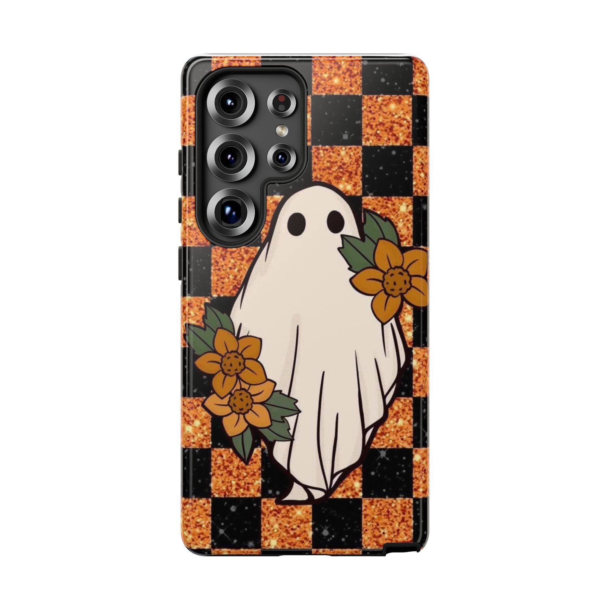 Halloween Ghost Phone Case — Checkerboard Orange Glitter Floral Design