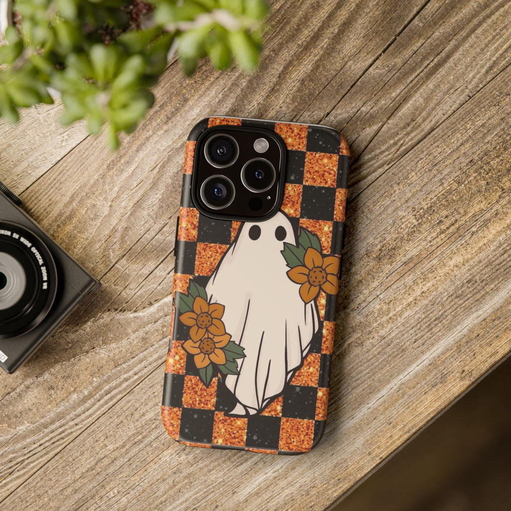 Halloween Ghost Phone Case — Checkerboard Orange Glitter Floral Design
