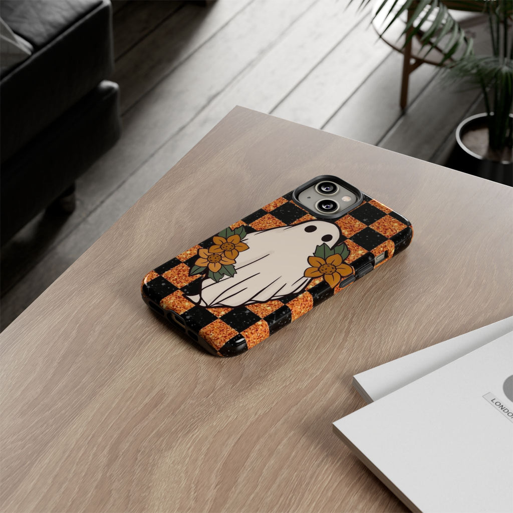 Halloween Ghost Phone Case — Checkerboard Orange Glitter Floral Design