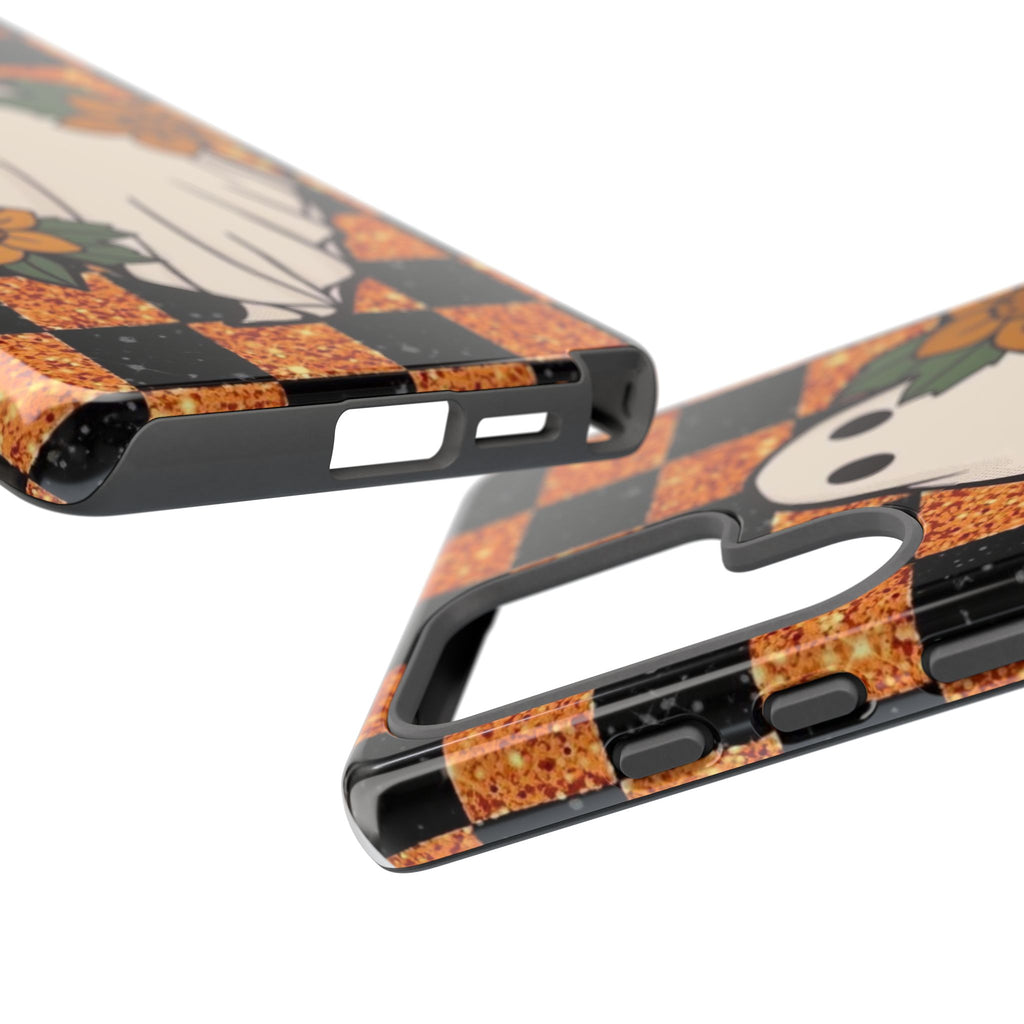 Halloween Ghost Phone Case — Checkerboard Orange Glitter Floral Design