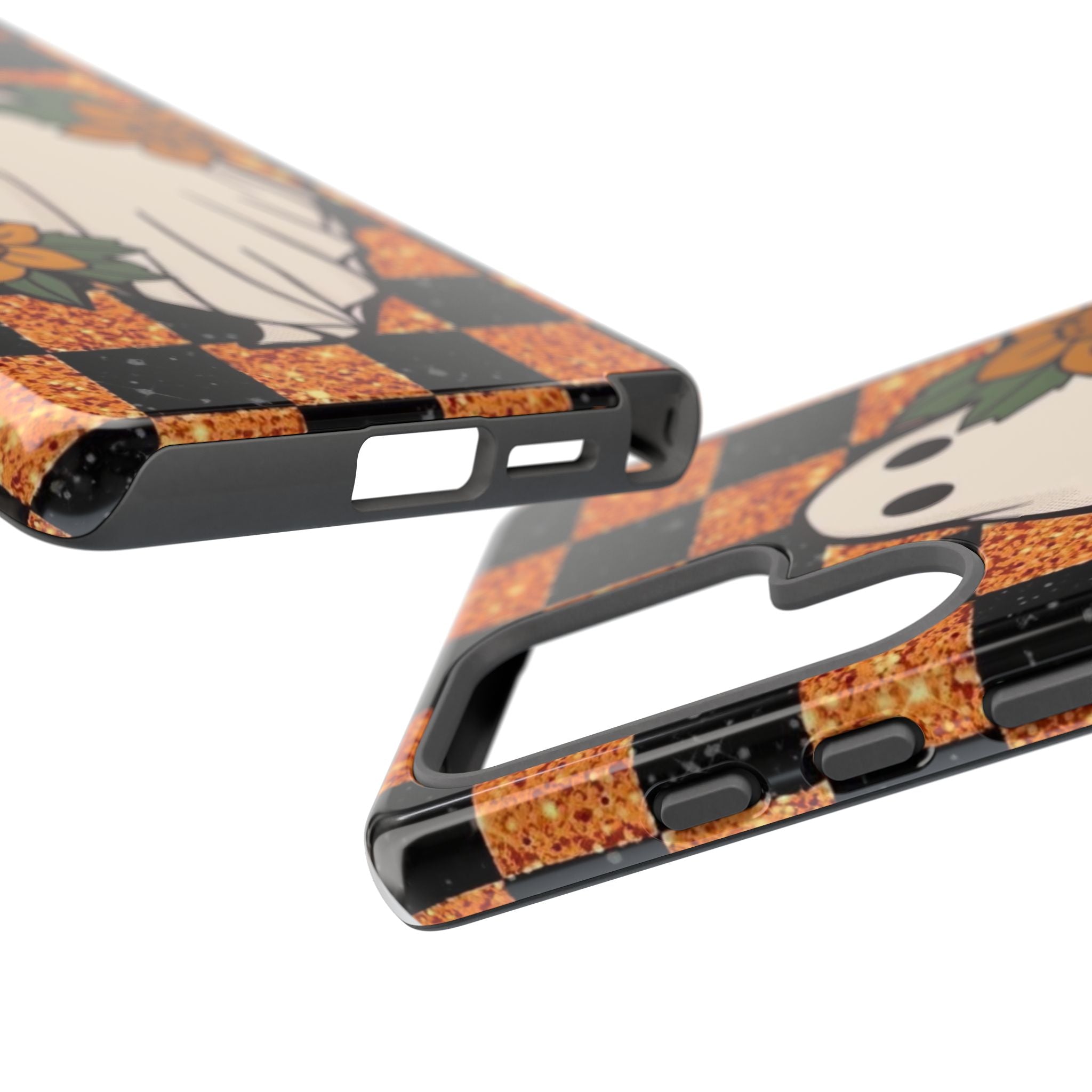 Halloween Ghost Phone Case — Checkerboard Orange Glitter Floral Design