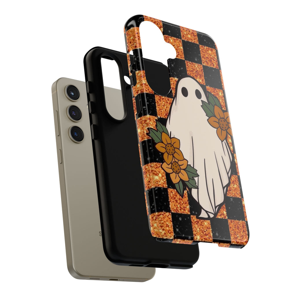 Halloween Ghost Phone Case — Checkerboard Orange Glitter Floral Design