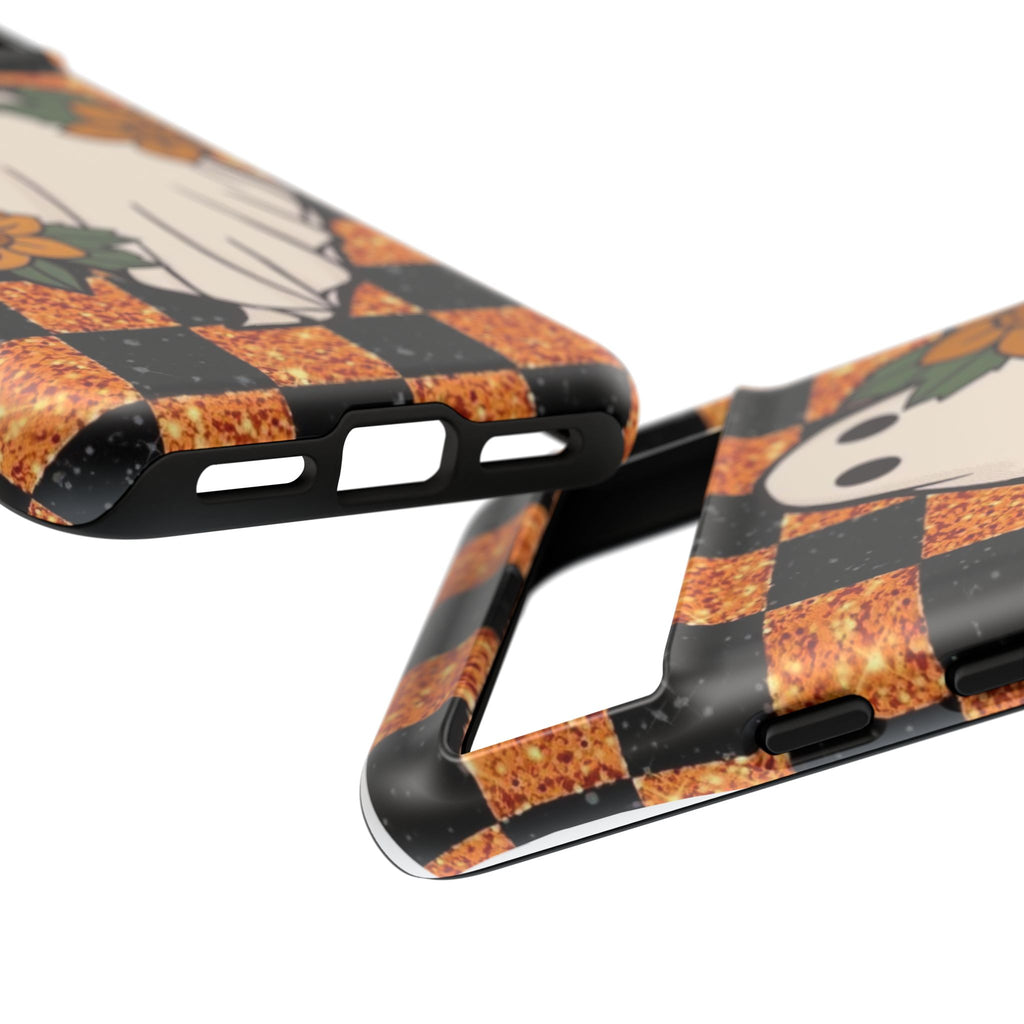 Halloween Ghost Phone Case — Checkerboard Orange Glitter Floral Design