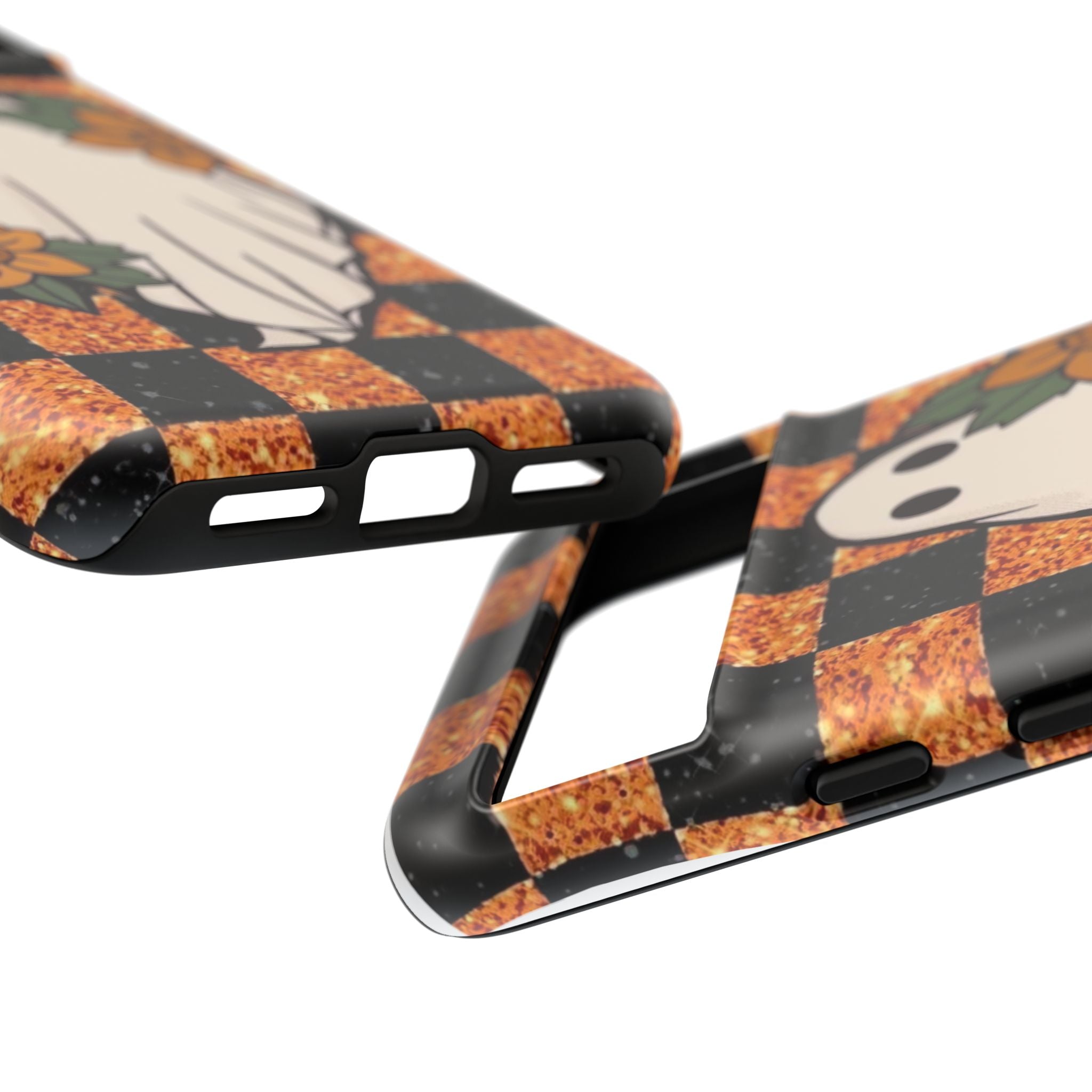 Halloween Ghost Phone Case — Checkerboard Orange Glitter Floral Design