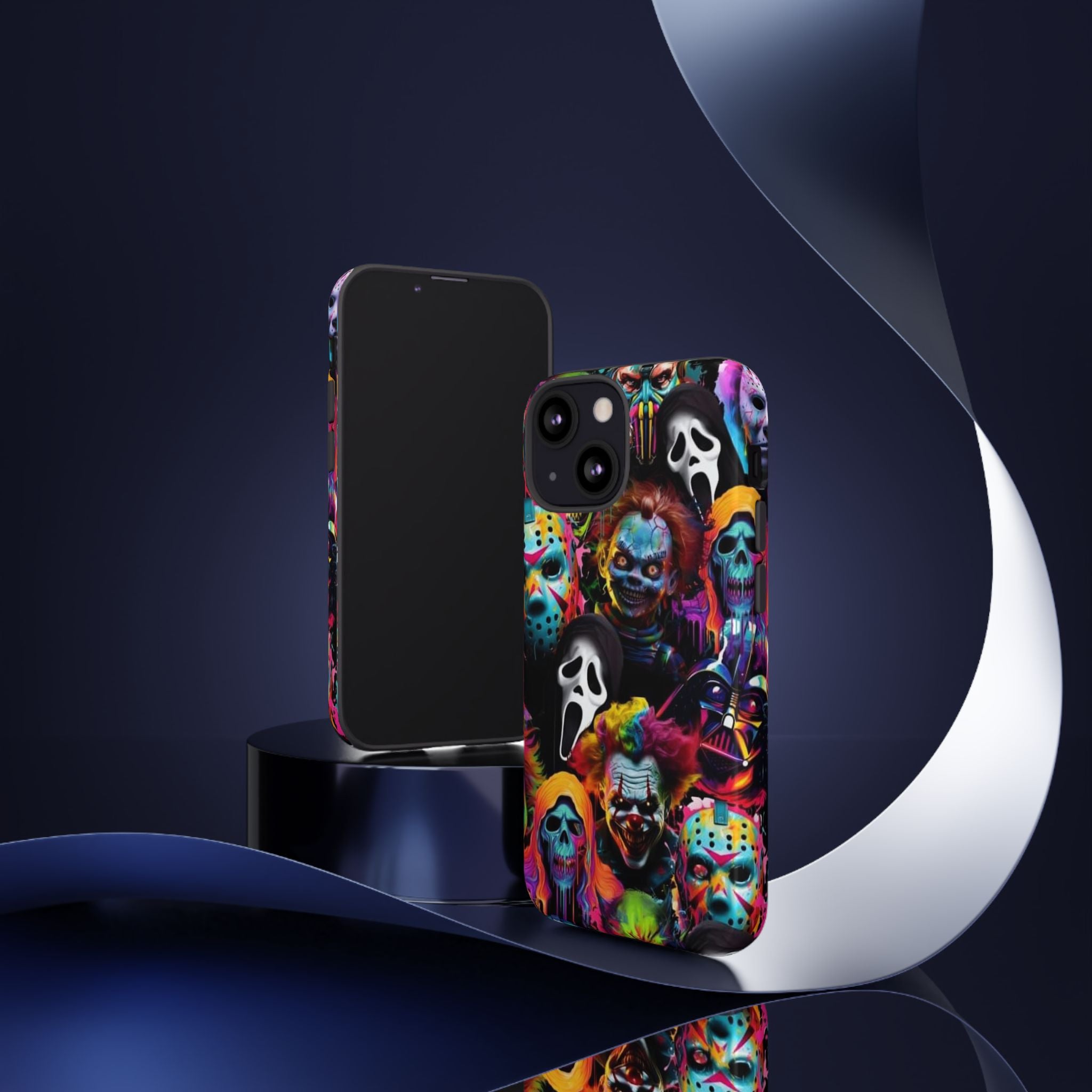Phone Case — Neon Horror Mask Collage (Scream, Jason, Clown)