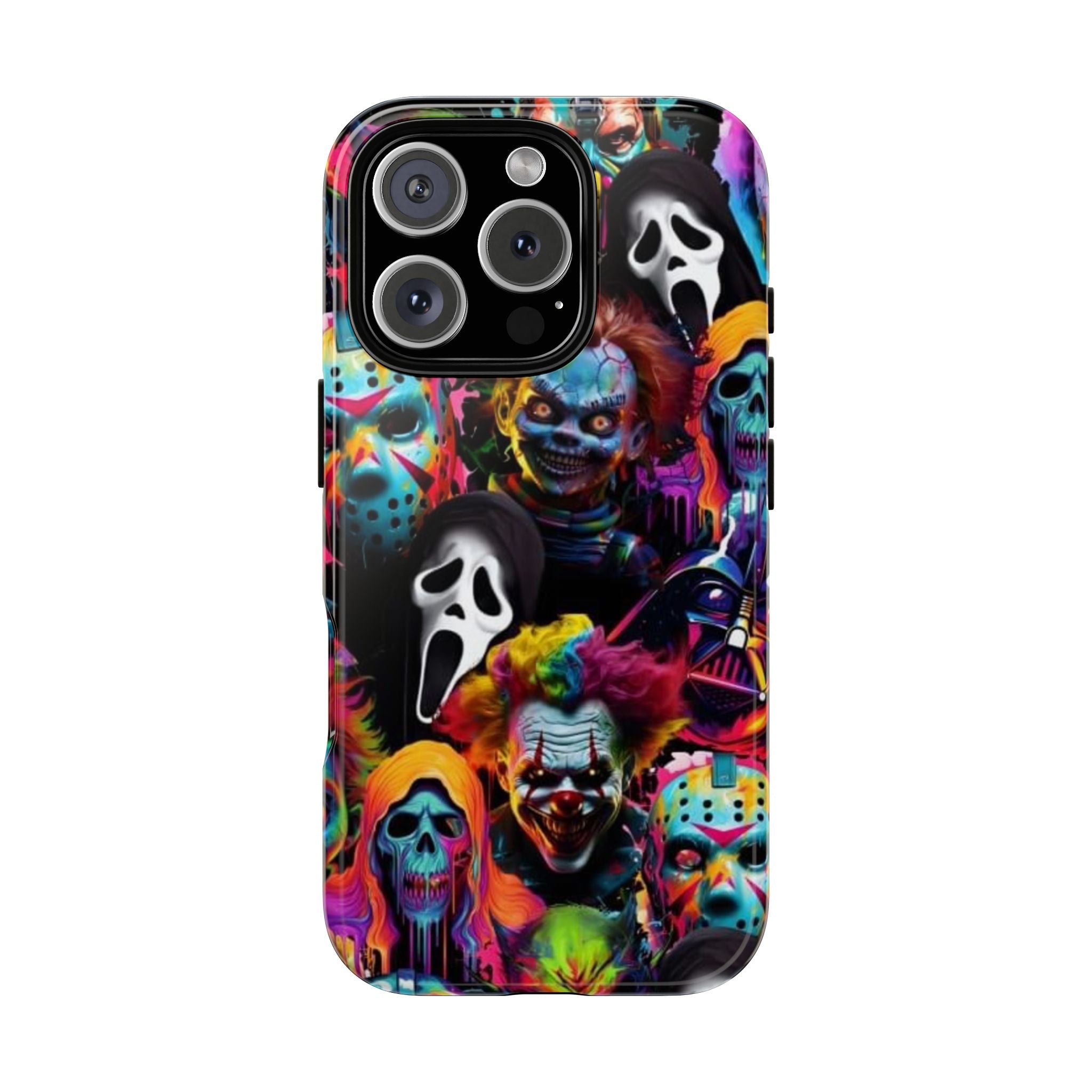 Phone Case — Neon Horror Mask Collage (Scream, Jason, Clown)