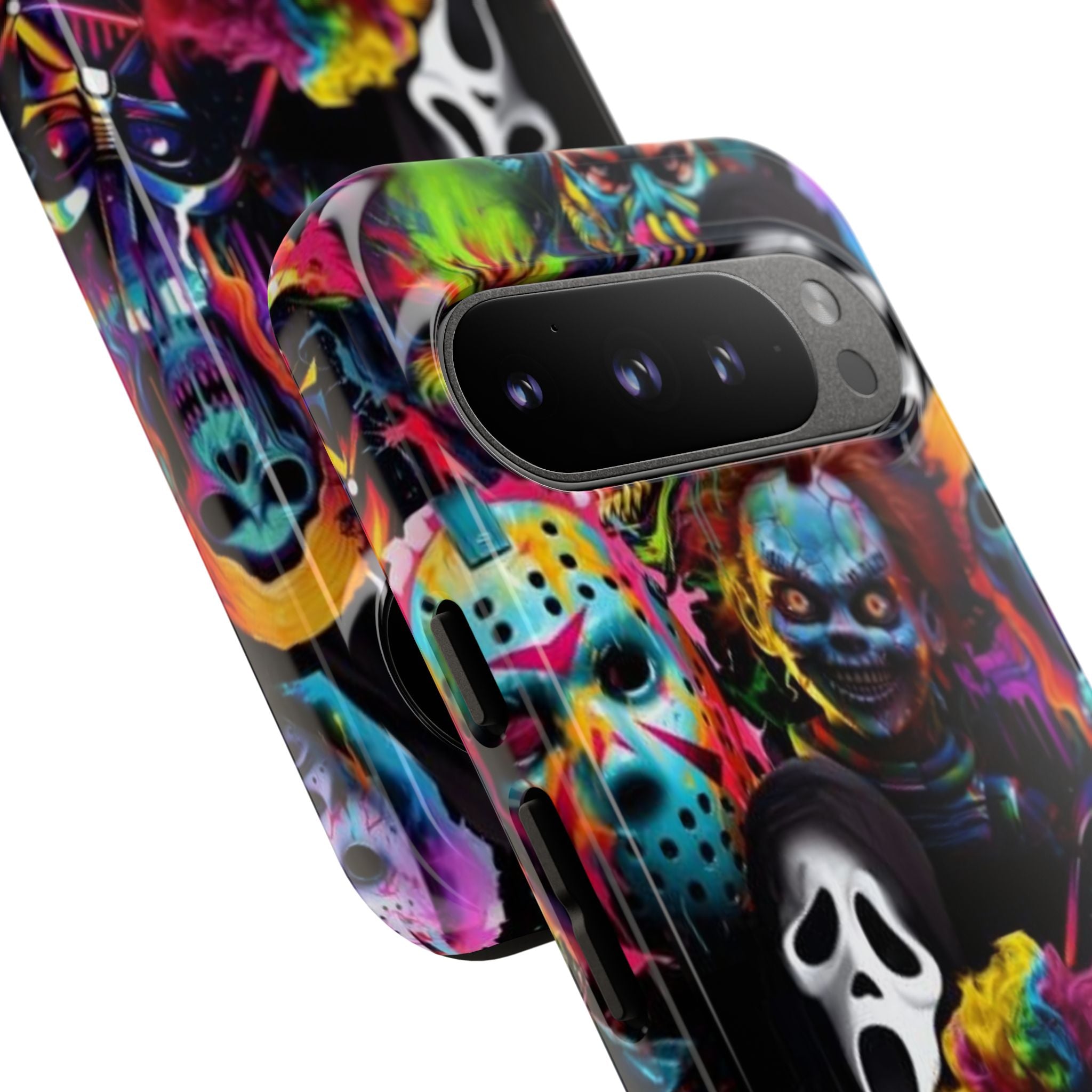 Phone Case — Neon Horror Mask Collage (Scream, Jason, Clown)