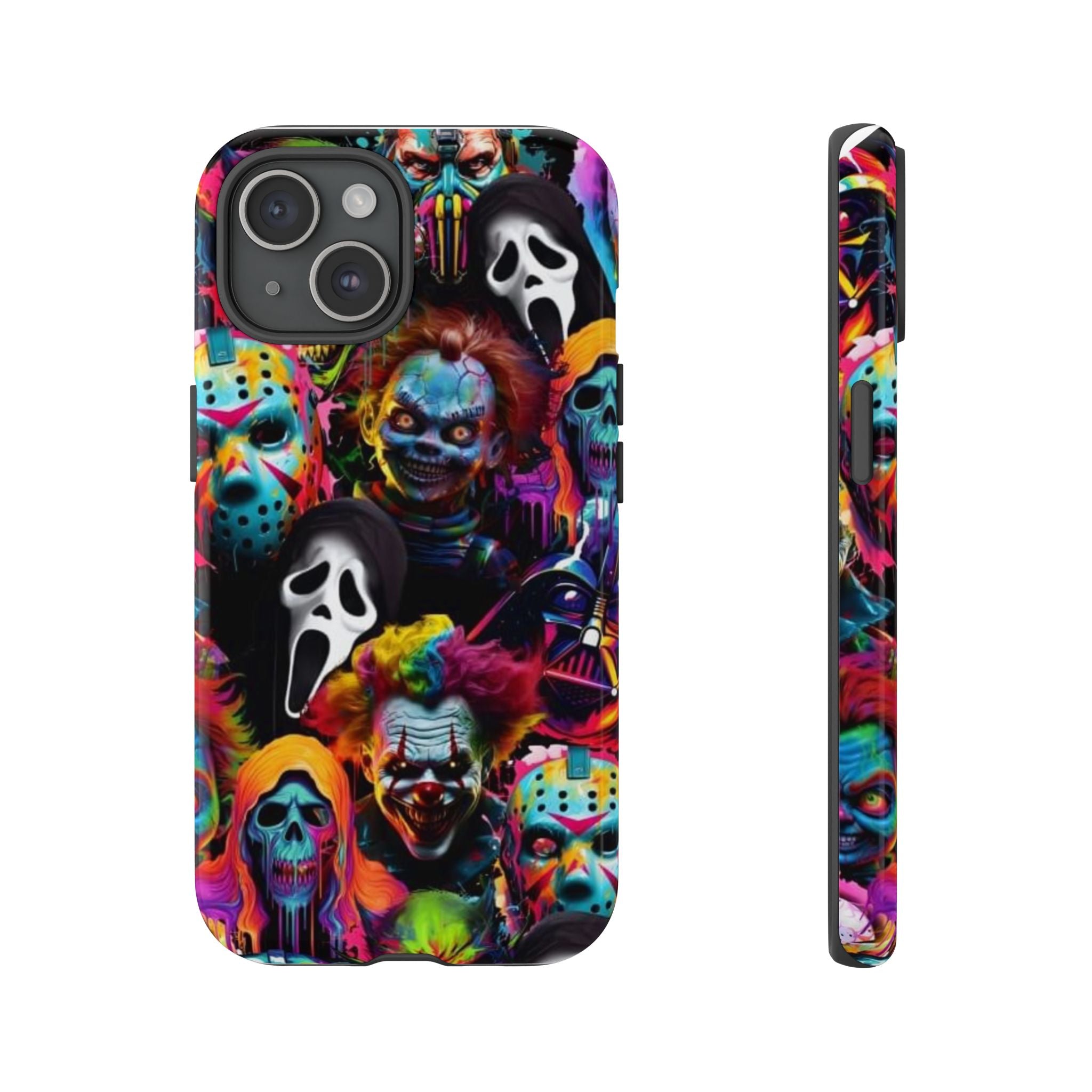 Phone Case — Neon Horror Mask Collage (Scream, Jason, Clown)